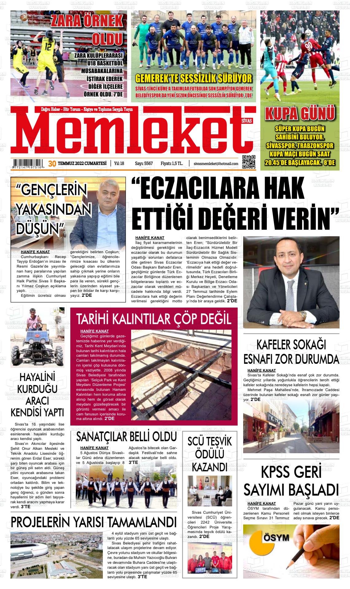 30 Temmuz 2022 Memleket Sivas Gazete Manşeti