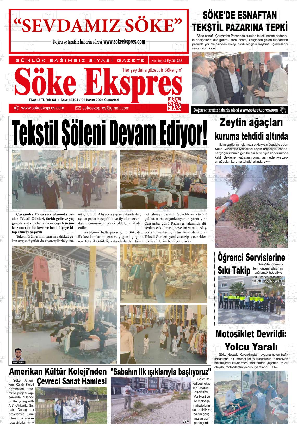 02 Kasım 2024 Söke Ekspres Gazete Manşeti