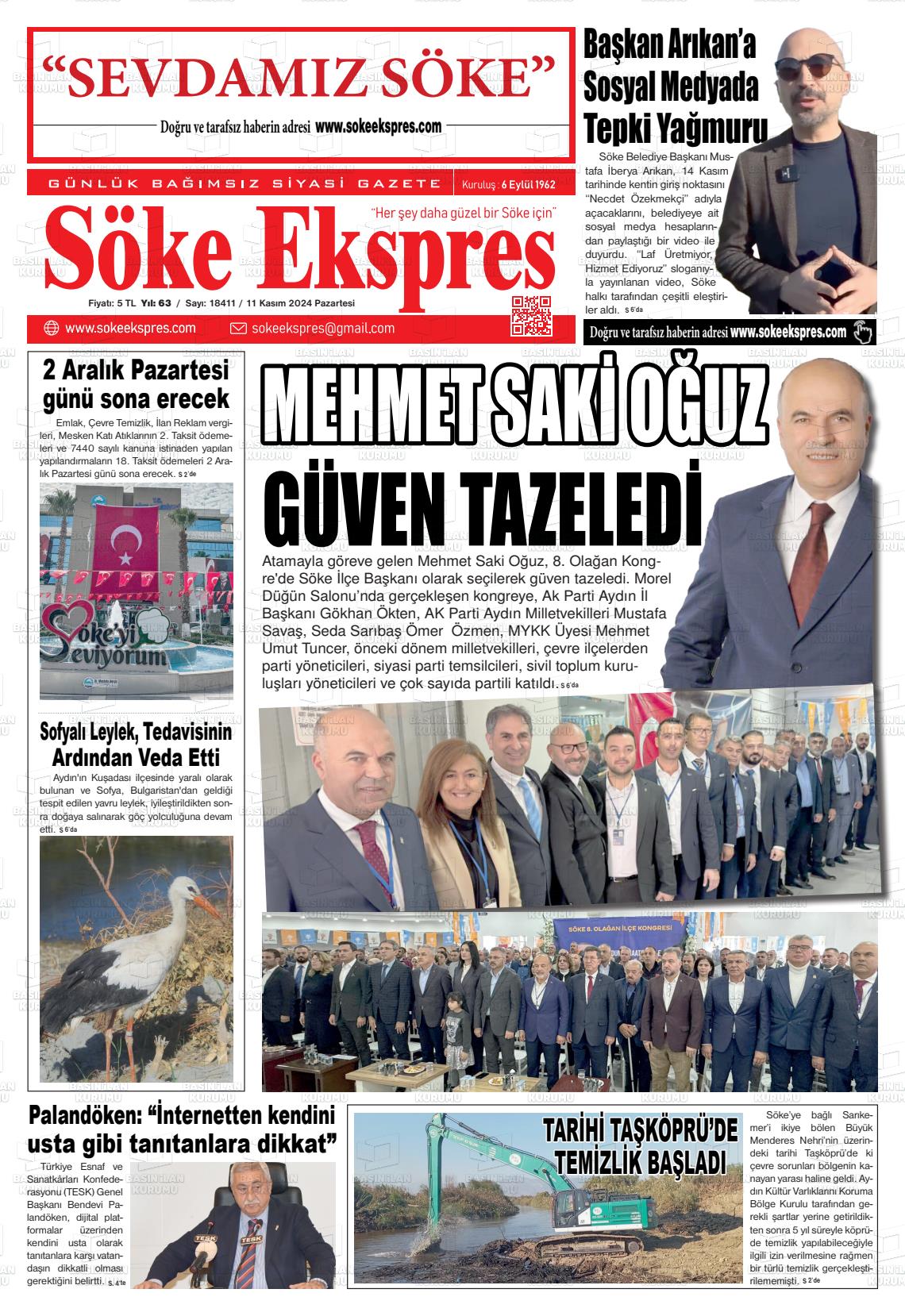 11 Kasım 2024 Söke Ekspres Gazete Manşeti