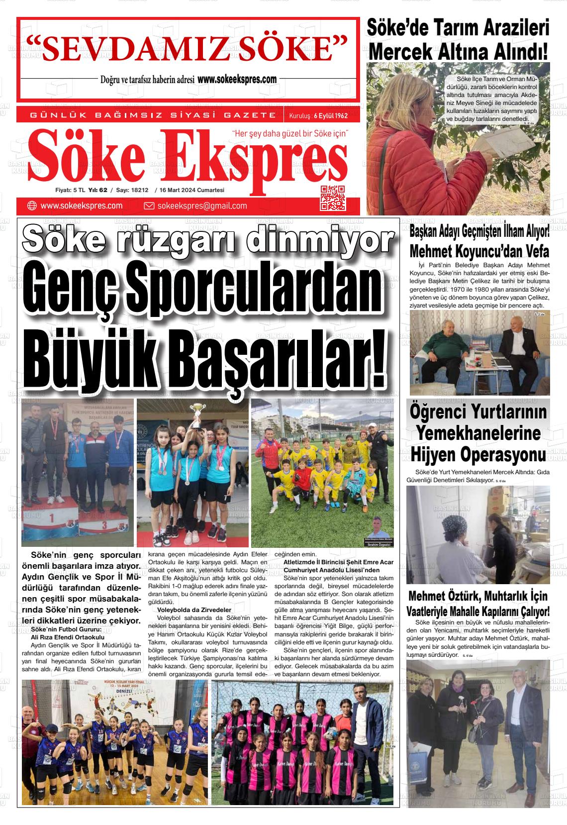 16 Mart 2024 Söke Ekspres Gazete Manşeti