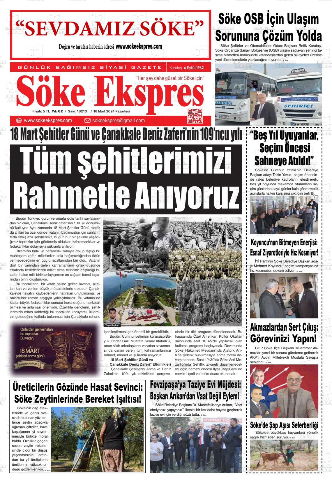 18 Mart 2024 Söke Ekspres Gazete Manşeti