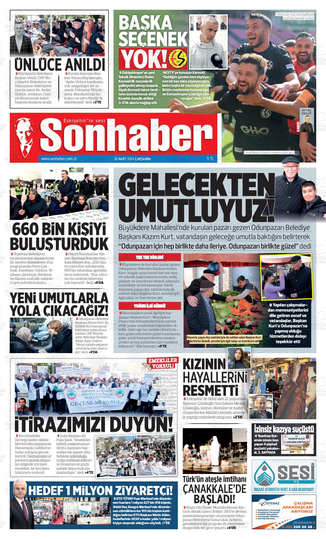 20 Mart 2024 Eskişehir Son Haber Gazete Manşeti