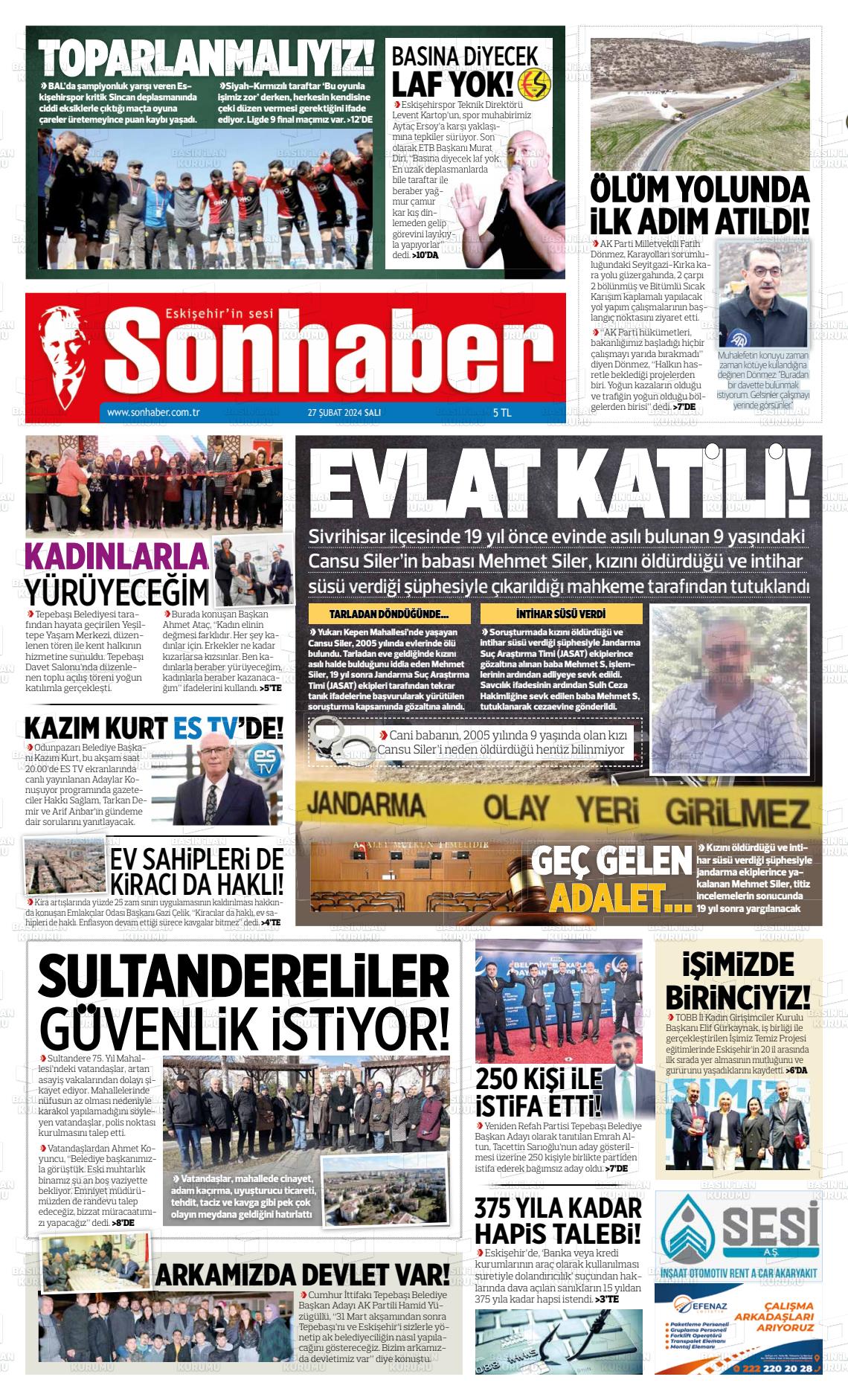 27 Şubat 2024 Eskişehir Son Haber Gazete Manşeti