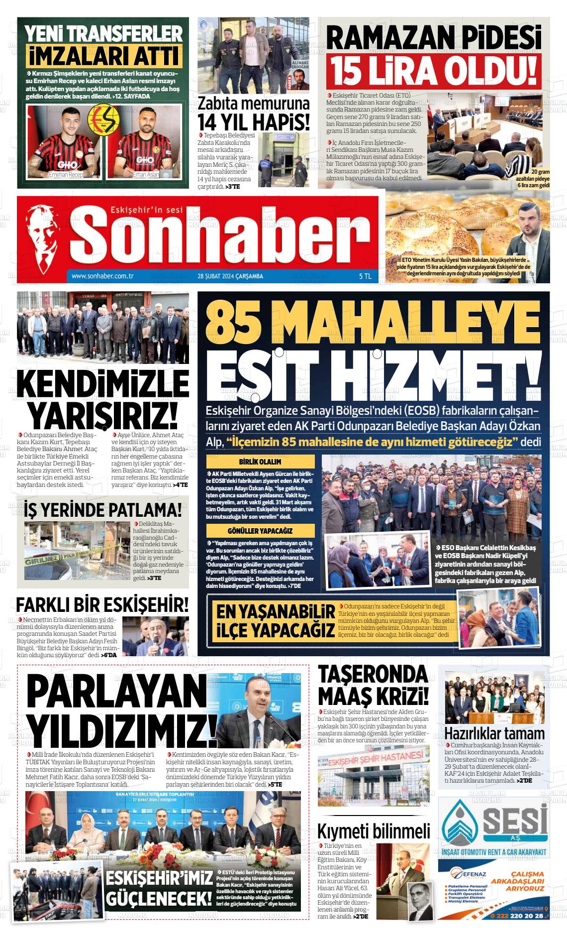 28 Şubat 2024 Eskişehir Son Haber Gazete Manşeti