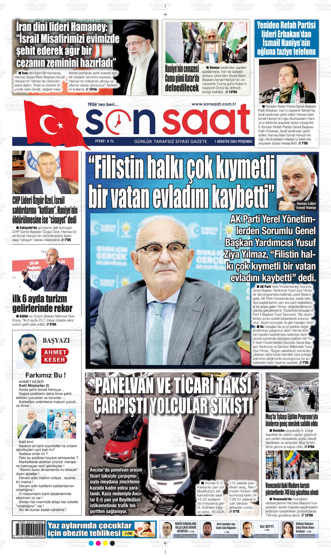 01 Ağustos 2024 Son Saat Gazete Manşeti