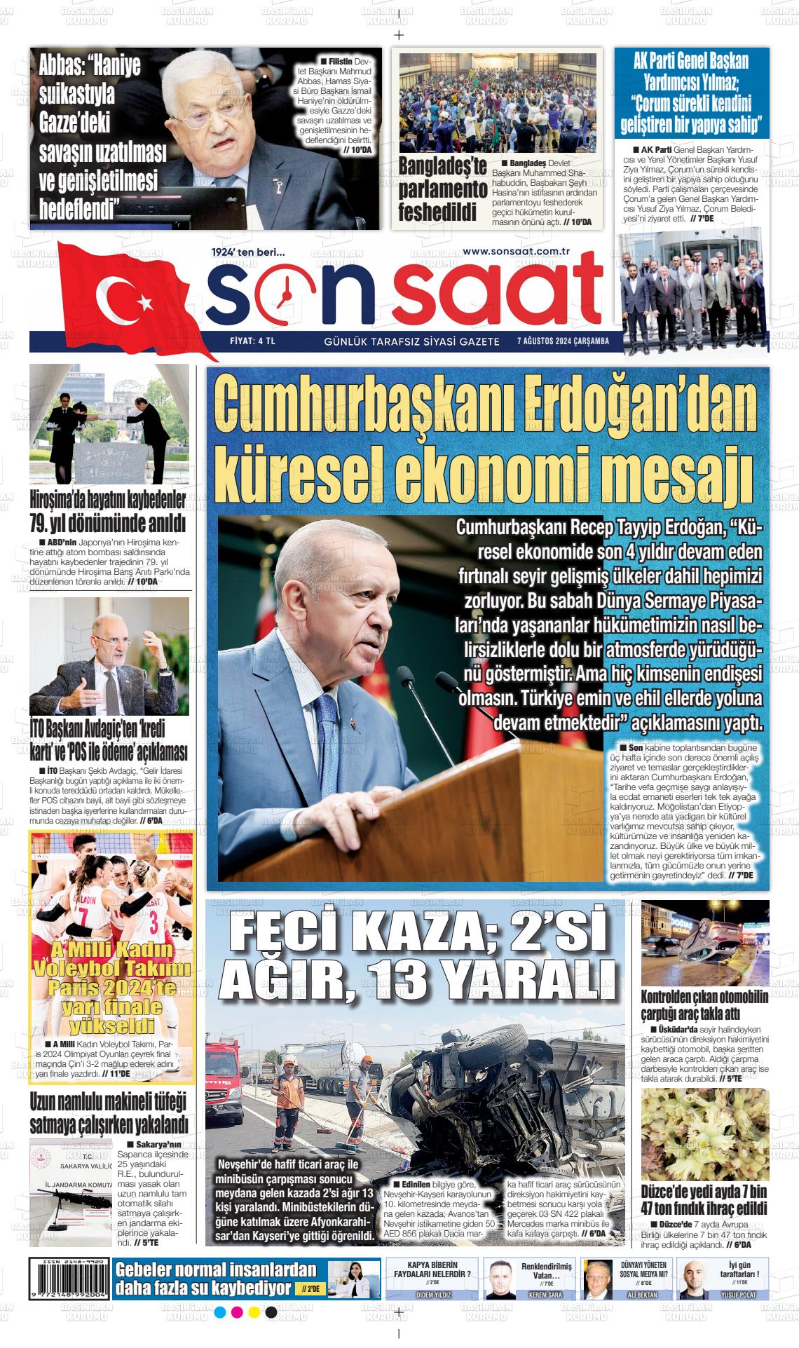 07 Ağustos 2024 Son Saat Gazete Manşeti