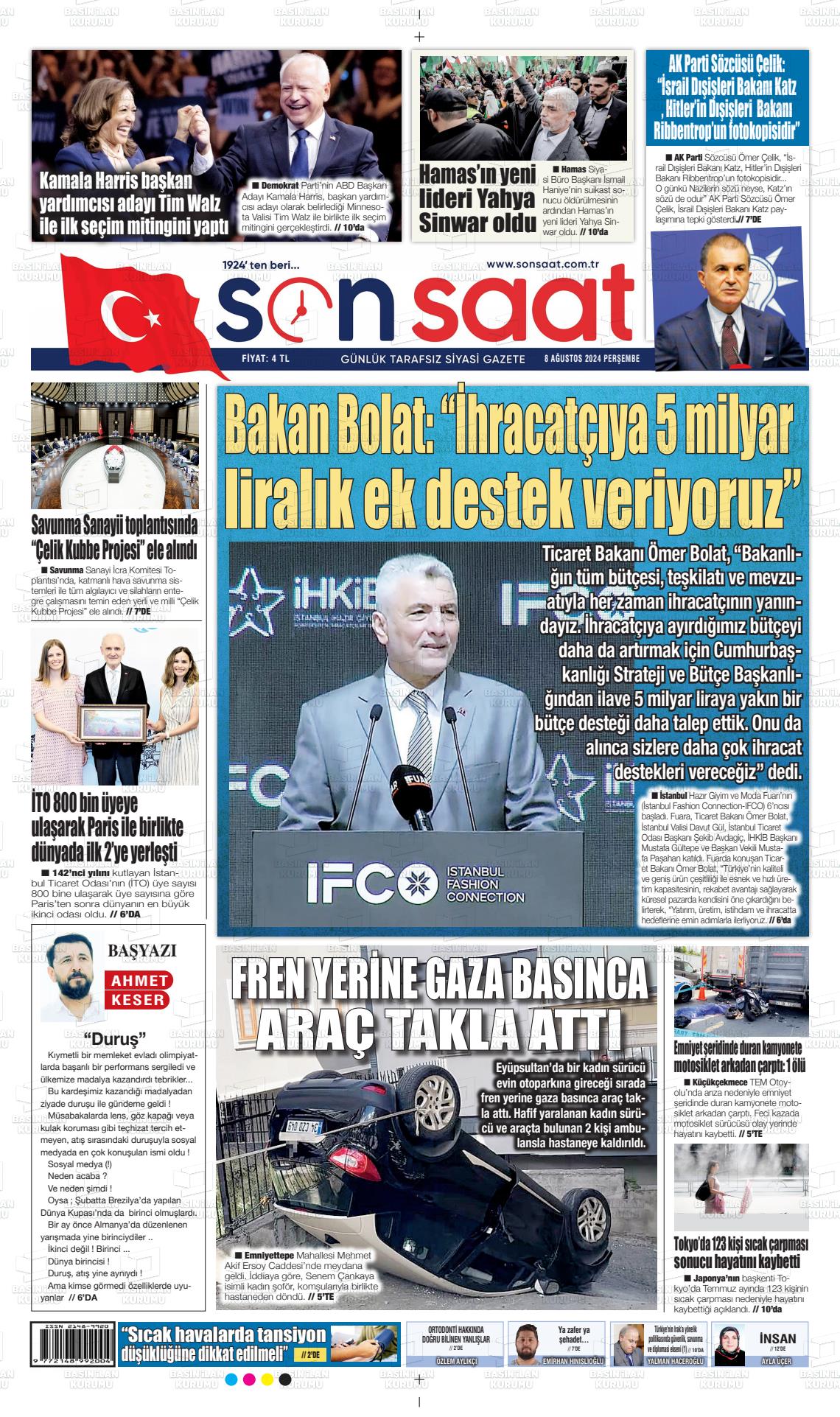 08 Ağustos 2024 Son Saat Gazete Manşeti