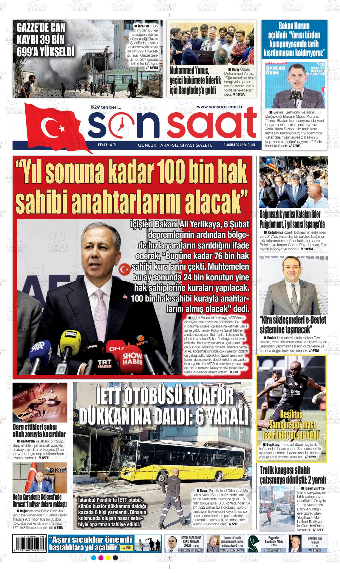 09 Ağustos 2024 Son Saat Gazete Manşeti