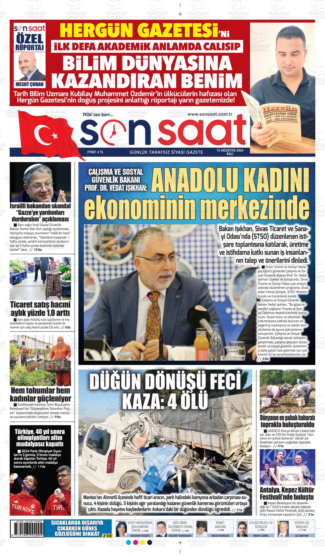 13 Ağustos 2024 Son Saat Gazete Manşeti