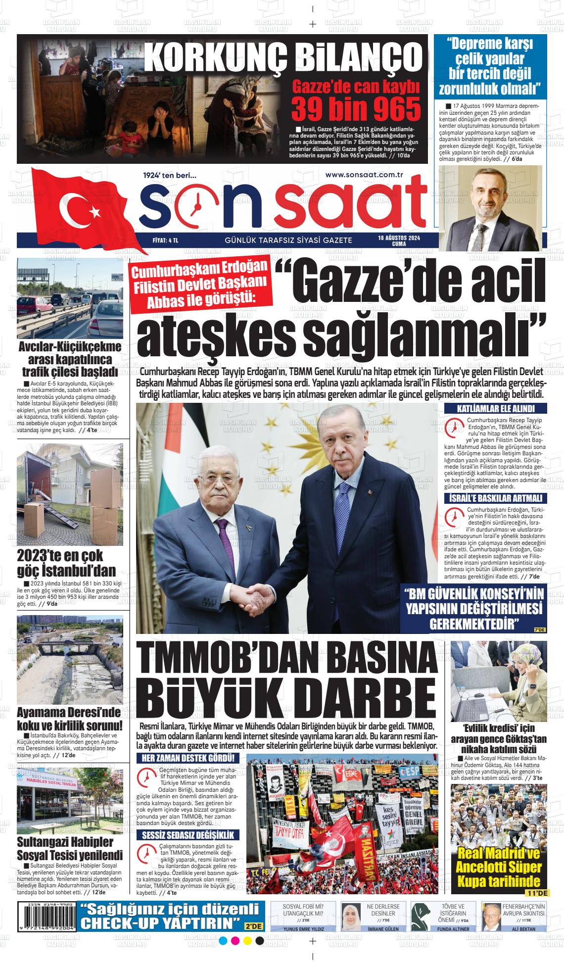 16 Ağustos 2024 Son Saat Gazete Manşeti