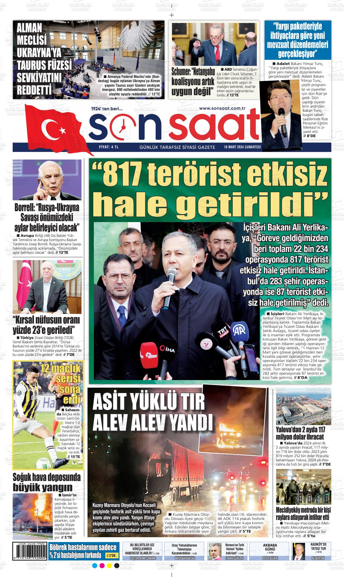 16 Mart 2024 Son Saat Gazete Manşeti