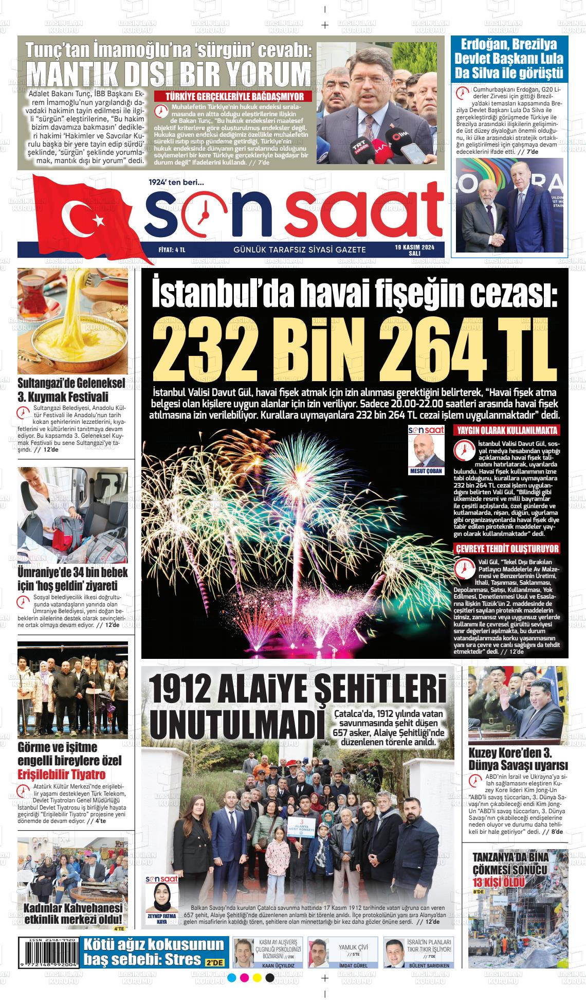 19 Kasım 2024 Son Saat Gazete Manşeti