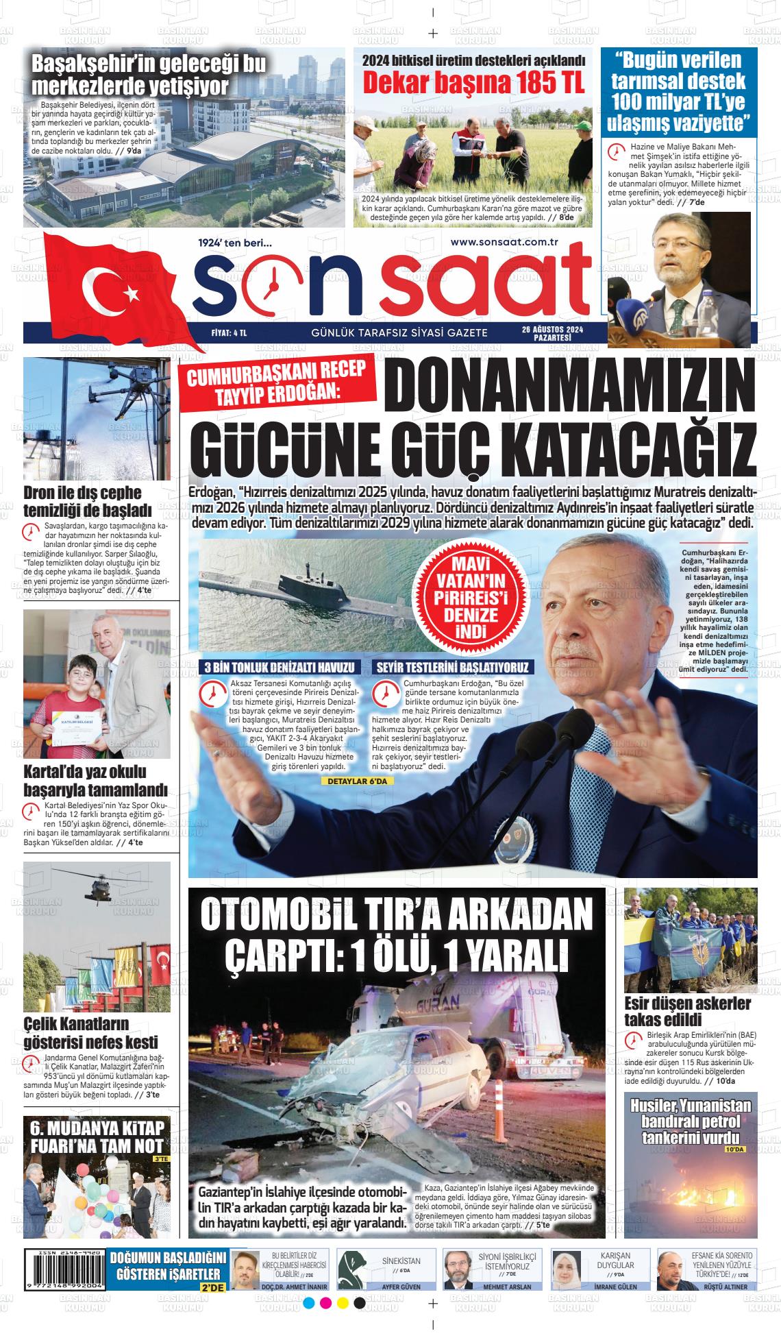 26 Ağustos 2024 Son Saat Gazete Manşeti