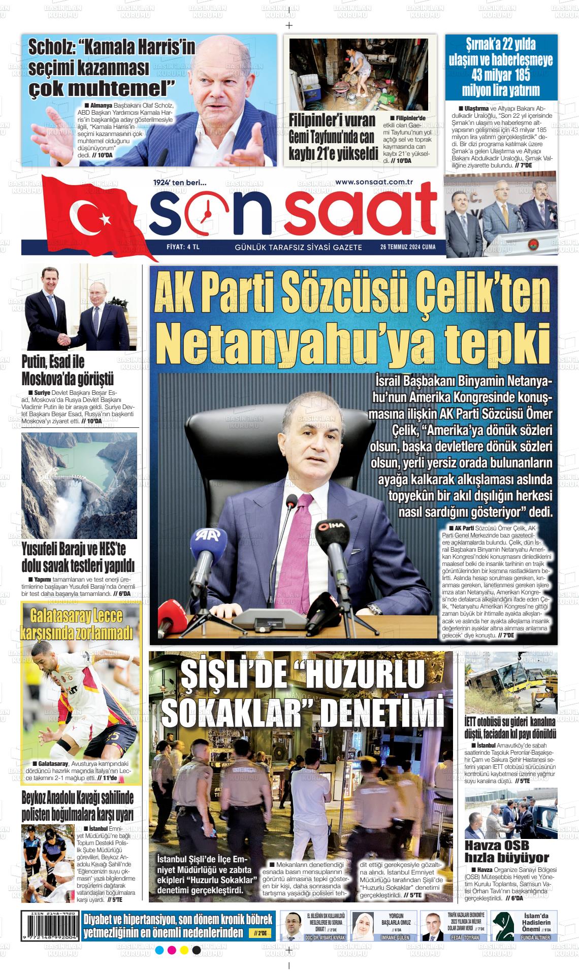 26 Temmuz 2024 Son Saat Gazete Manşeti