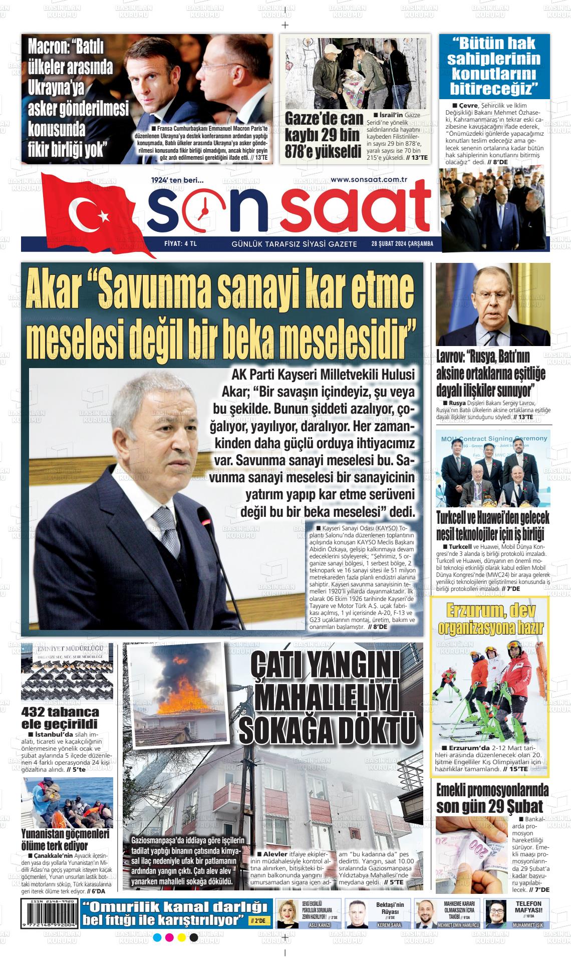 28 Şubat 2024 Son Saat Gazete Manşeti