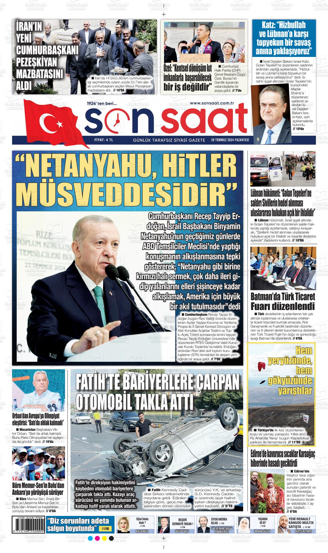 29 Temmuz 2024 Son Saat Gazete Manşeti