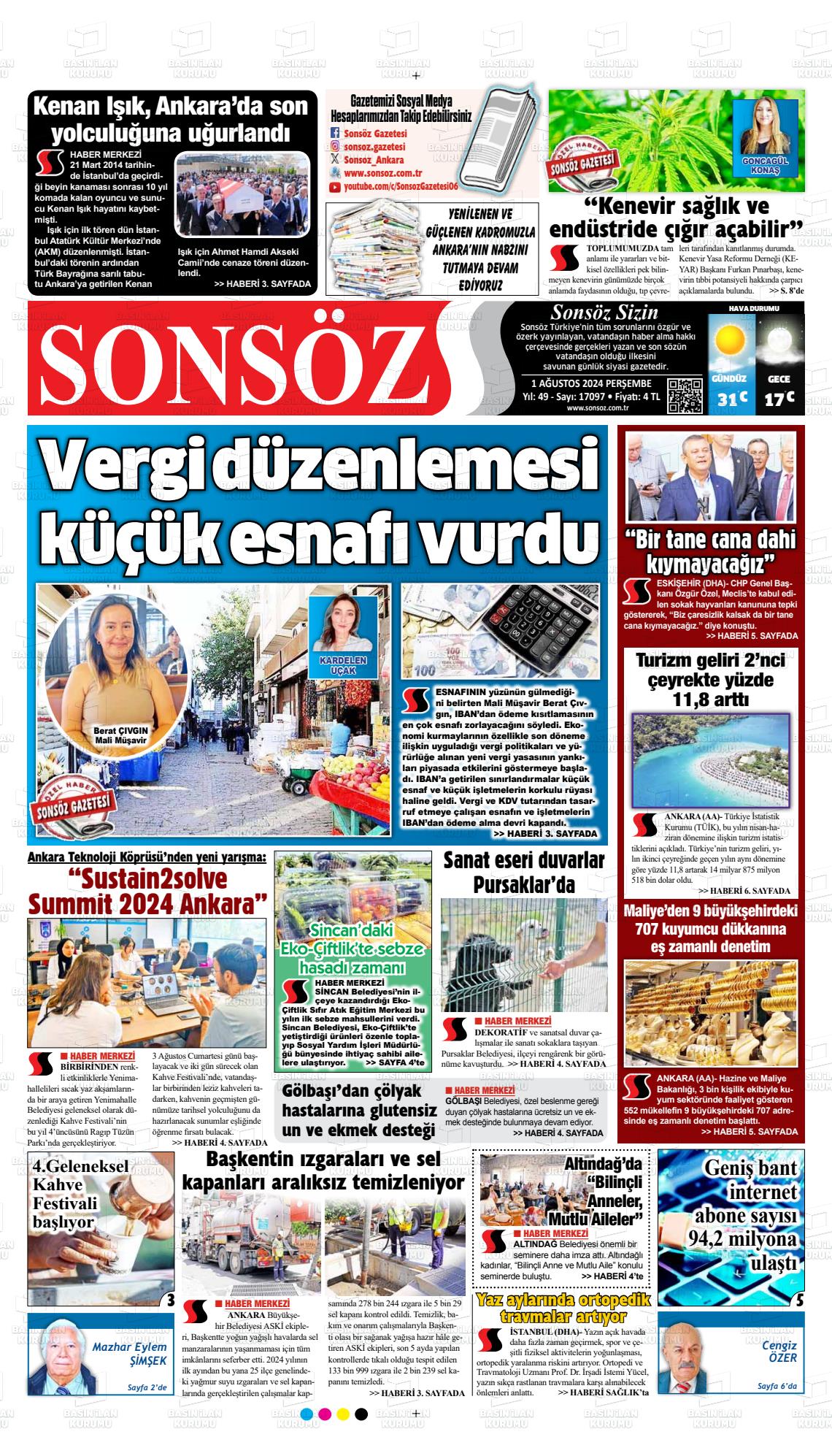 01 Ağustos 2024 Ankara Sonsöz Gazete Manşeti