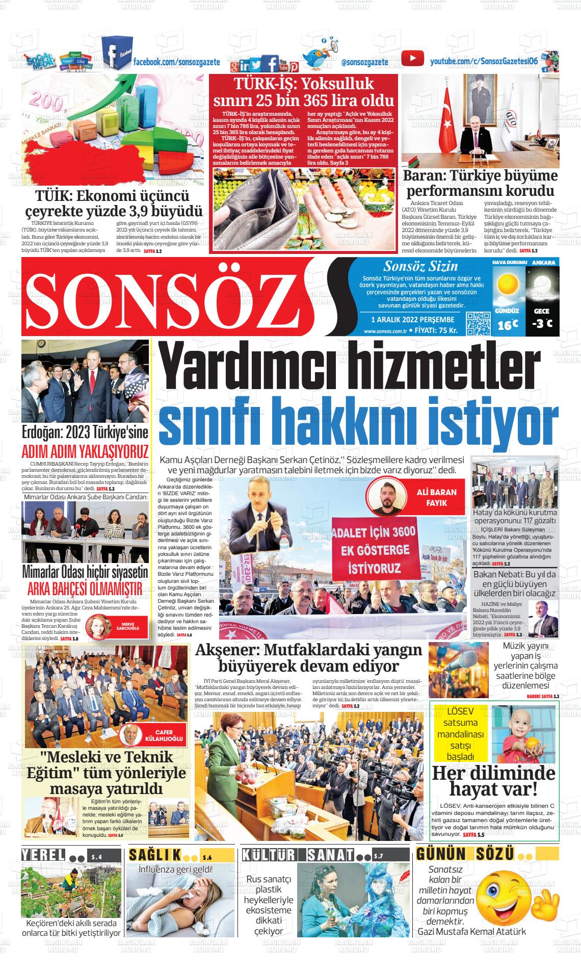 01 Aralık 2022 Ankara Sonsöz Gazete Manşeti