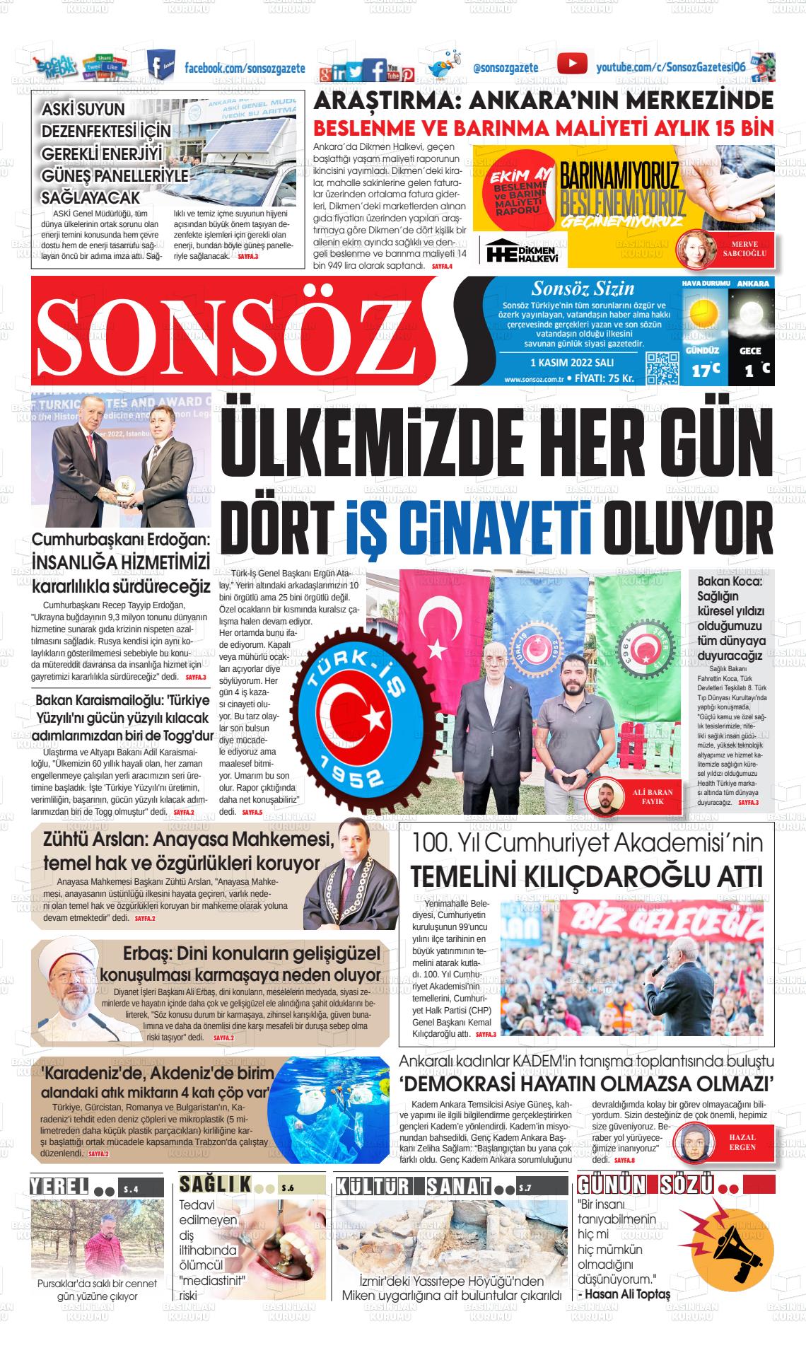 01 Kasım 2022 Ankara Sonsöz Gazete Manşeti