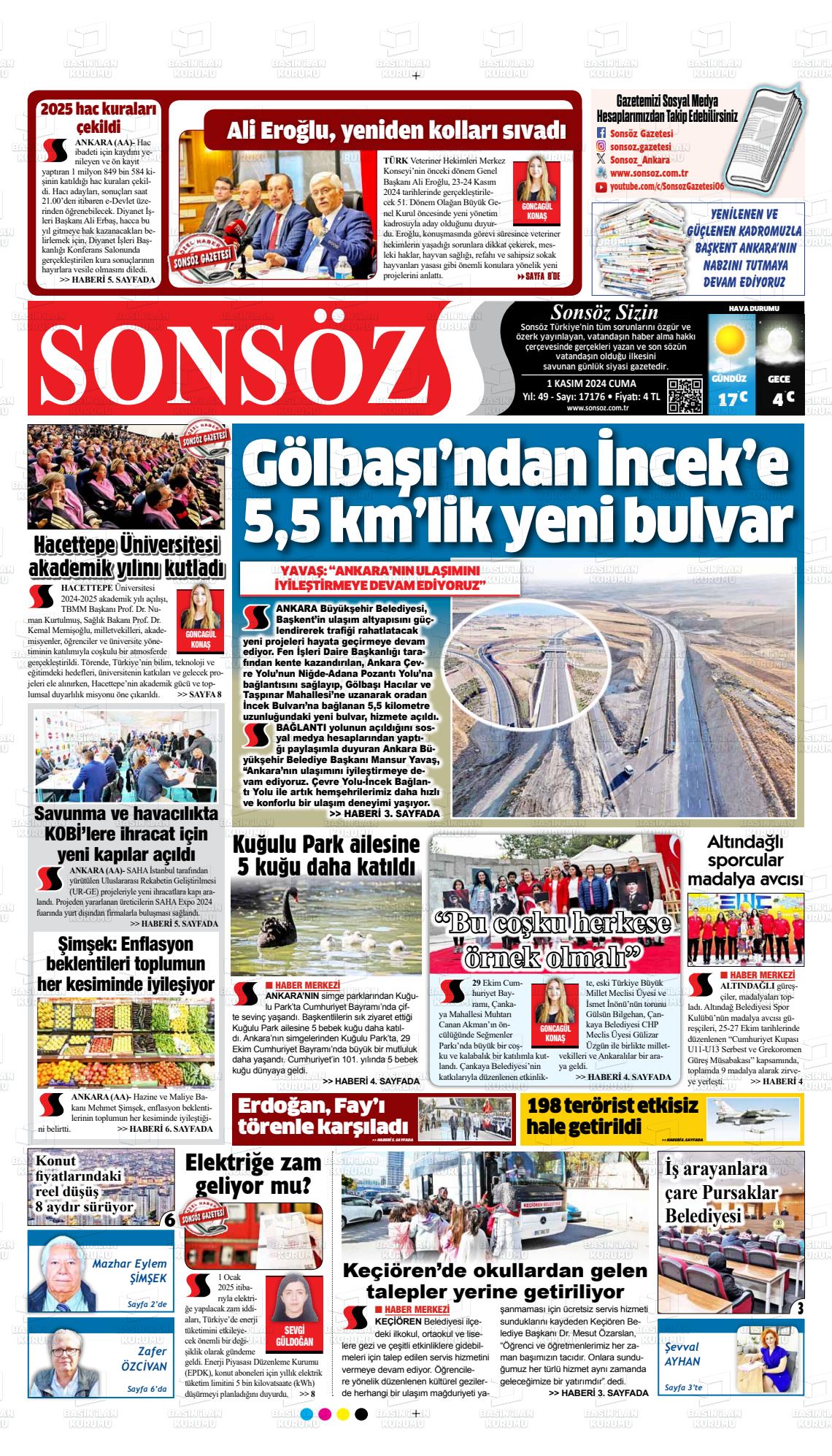 01 Kasım 2024 Ankara Sonsöz Gazete Manşeti