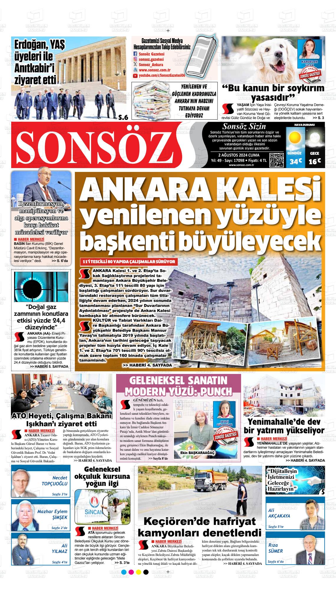 02 Ağustos 2024 Ankara Sonsöz Gazete Manşeti