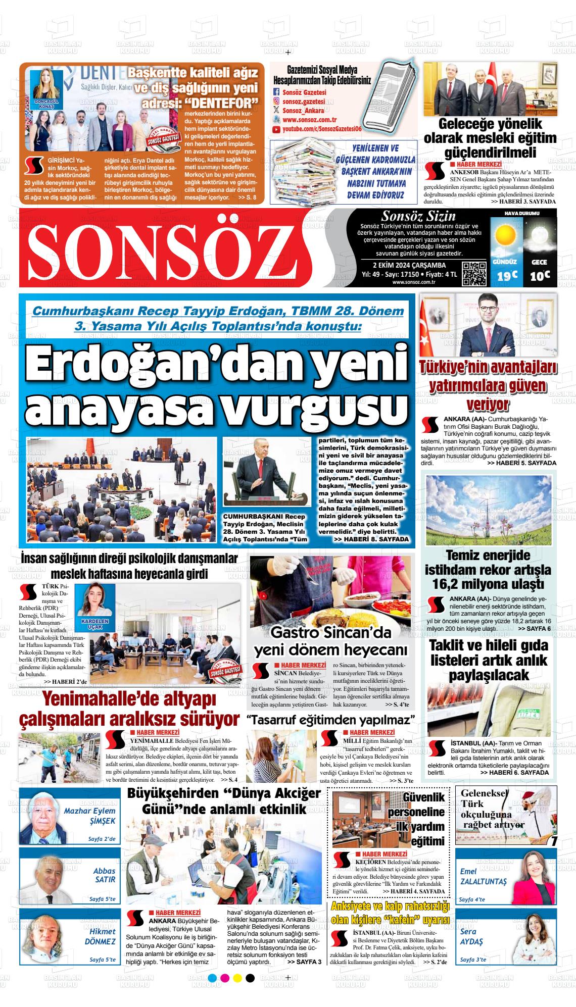 02 Ekim 2024 Ankara Sonsöz Gazete Manşeti