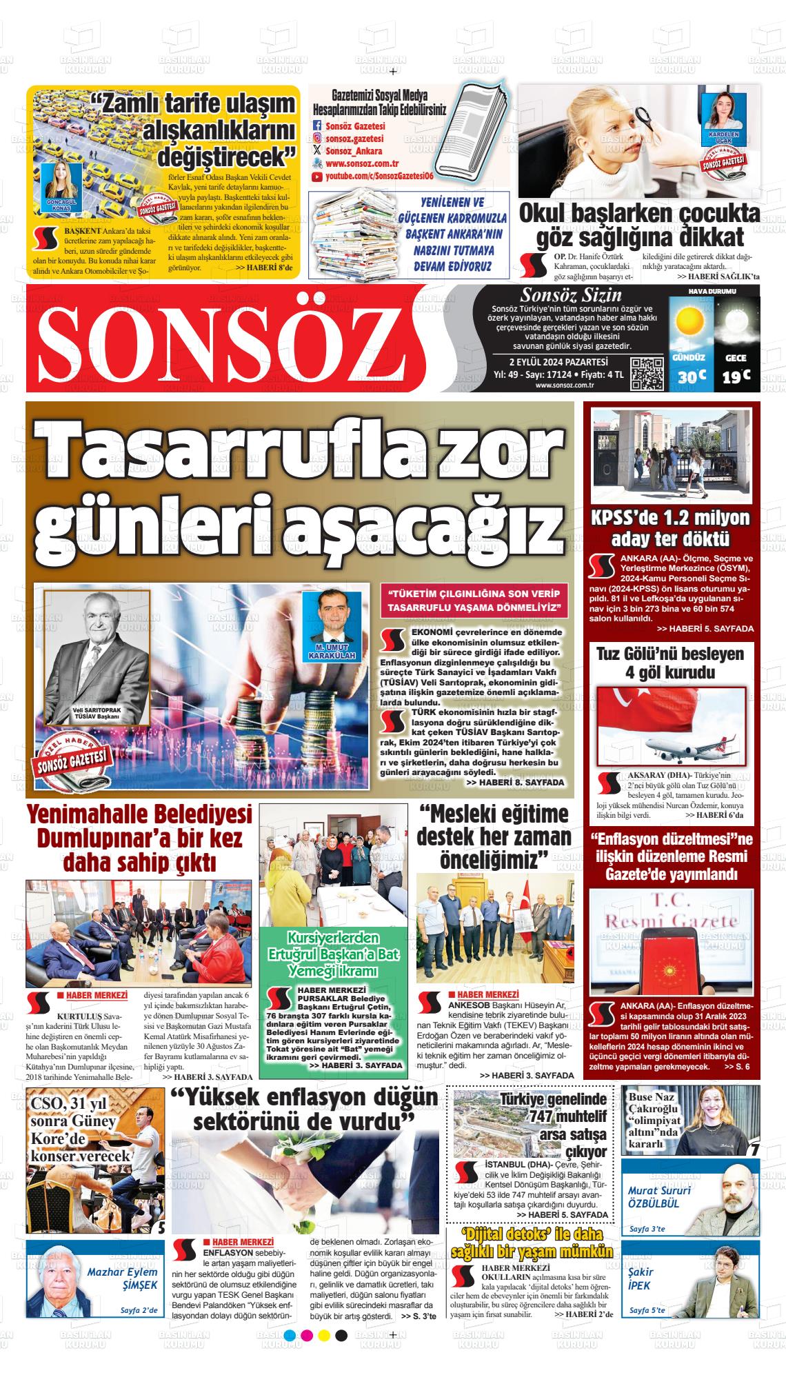 02 Eylül 2024 Ankara Sonsöz Gazete Manşeti