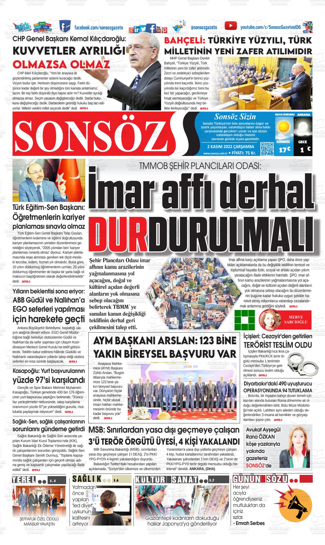 02 Kasım 2022 Ankara Sonsöz Gazete Manşeti