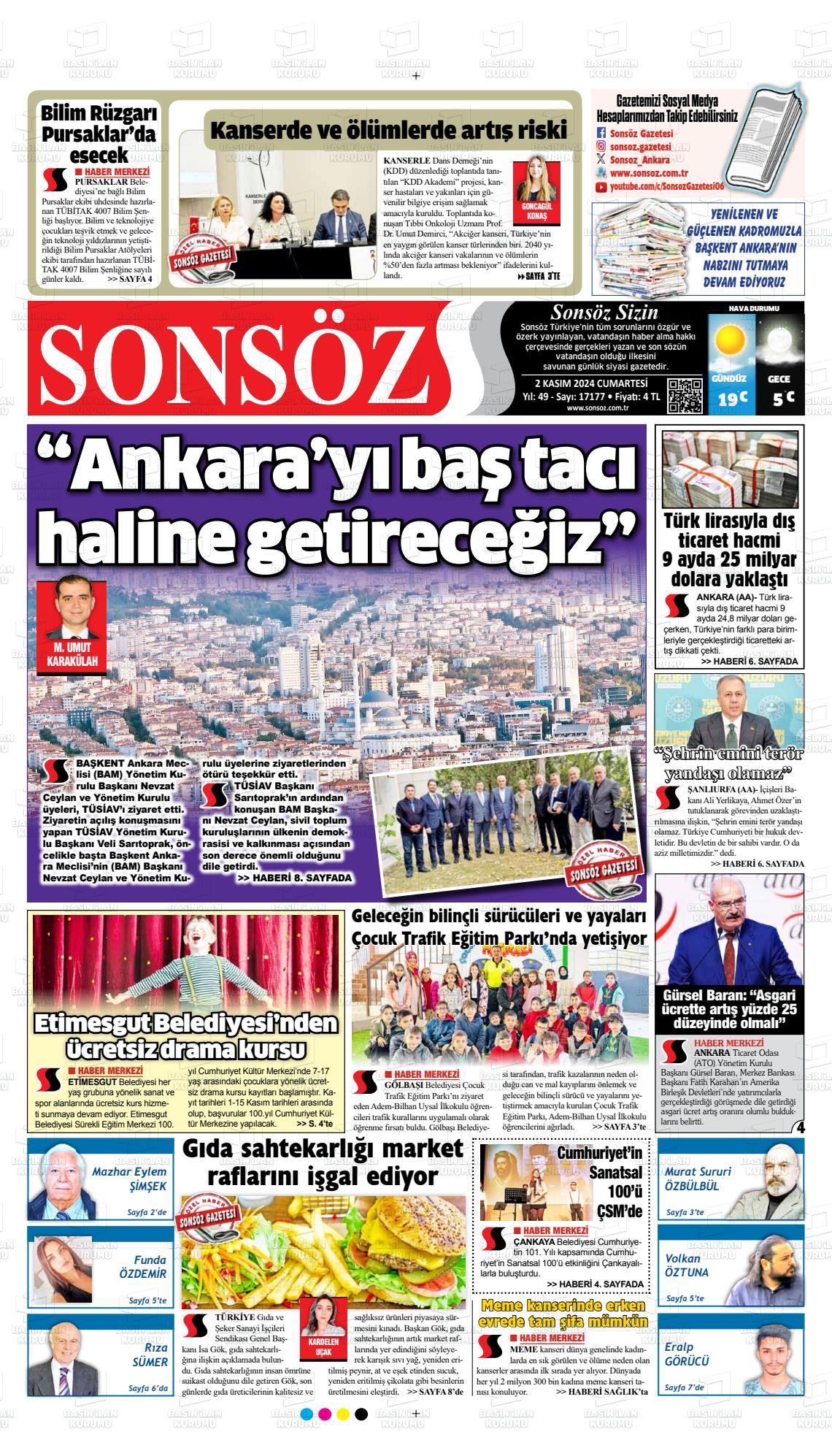 02 Kasım 2024 Ankara Sonsöz Gazete Manşeti