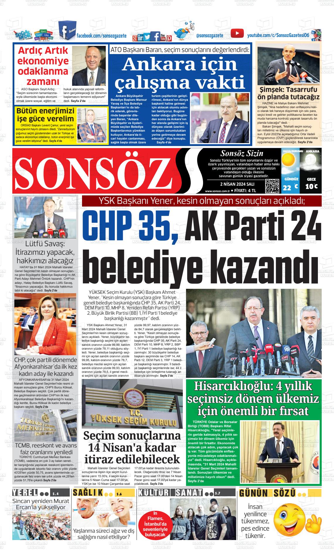 02 Nisan 2024 Ankara Sonsöz Gazete Manşeti