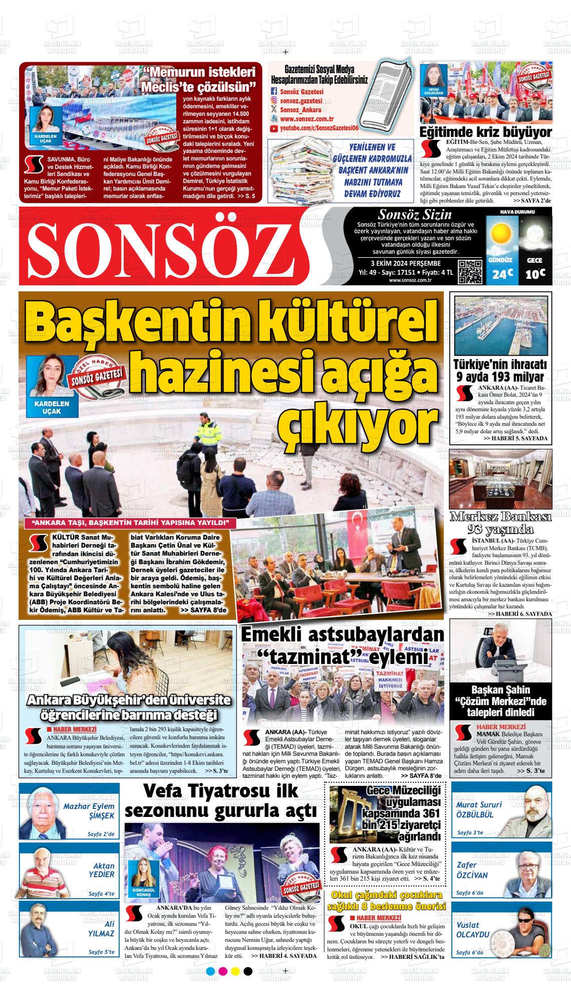 03 Ekim 2024 Ankara Sonsöz Gazete Manşeti