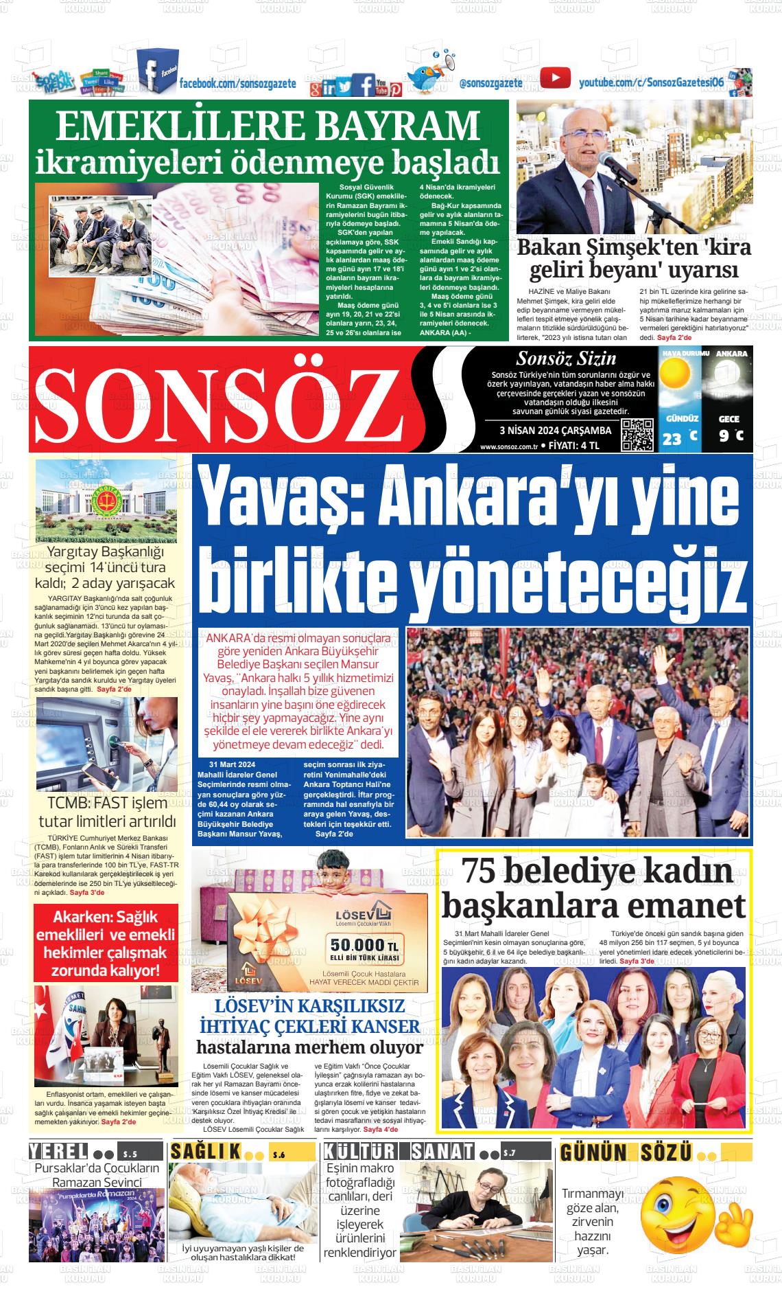 03 Nisan 2024 Ankara Sonsöz Gazete Manşeti