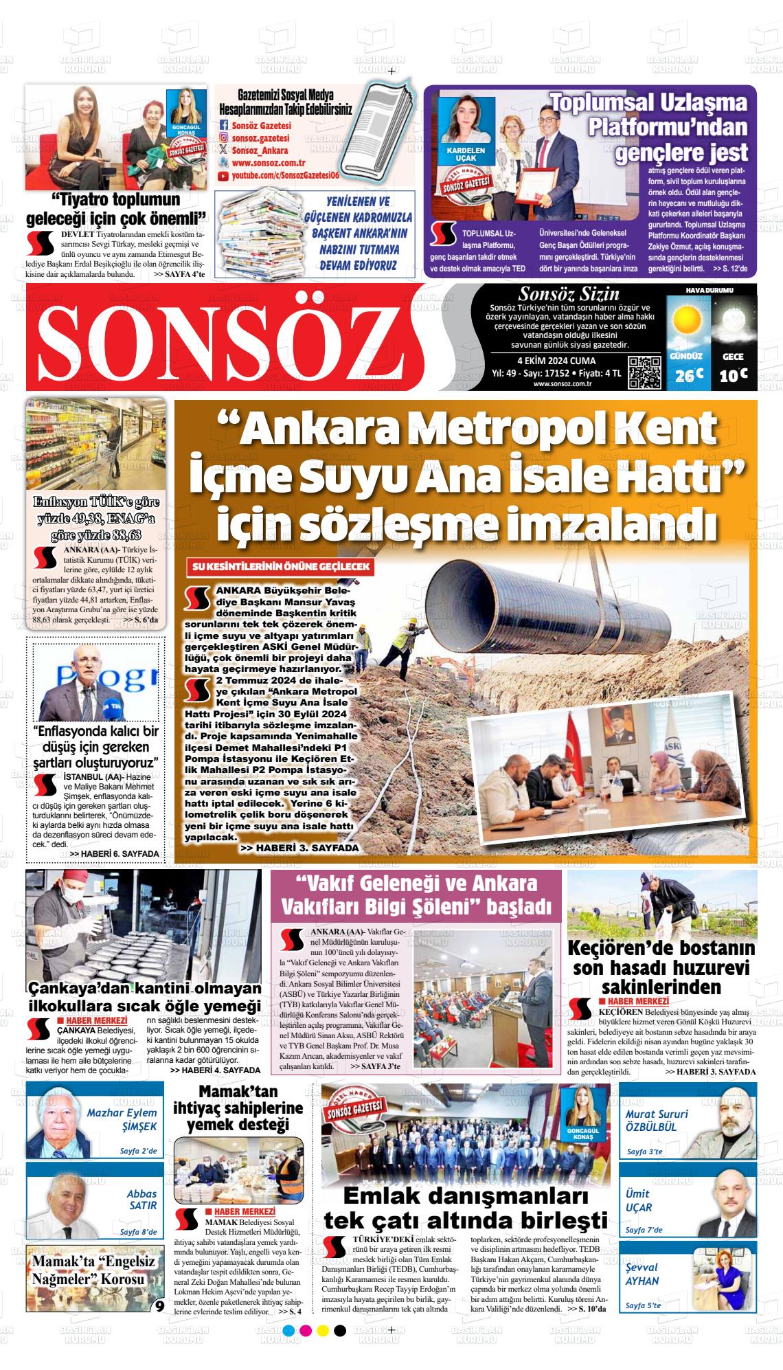 04 Ekim 2024 Ankara Sonsöz Gazete Manşeti