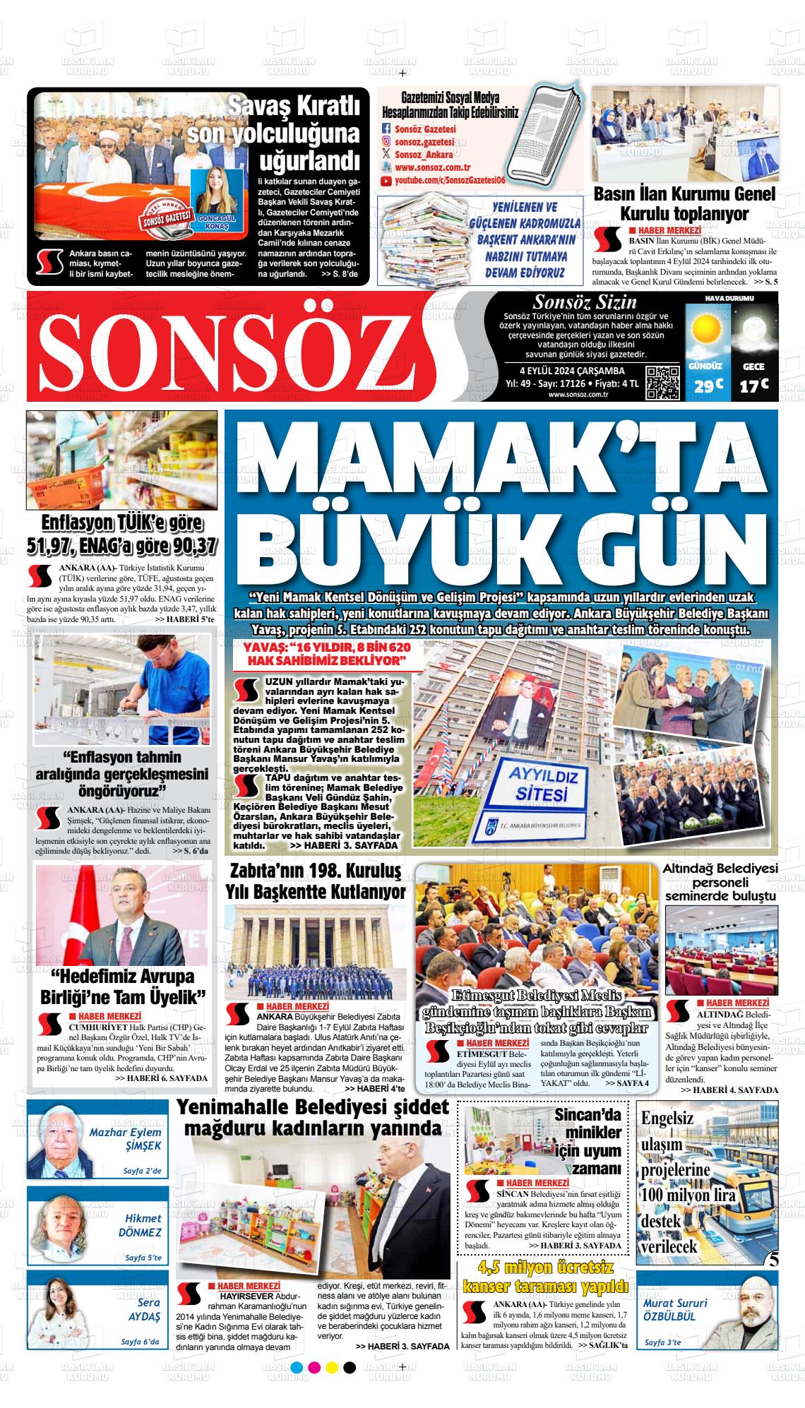 04 Eylül 2024 Ankara Sonsöz Gazete Manşeti