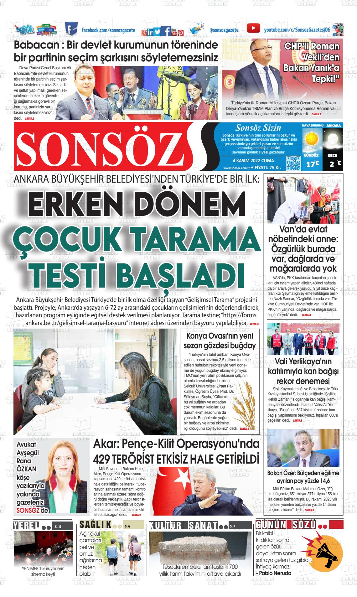 04 Kasım 2022 Ankara Sonsöz Gazete Manşeti