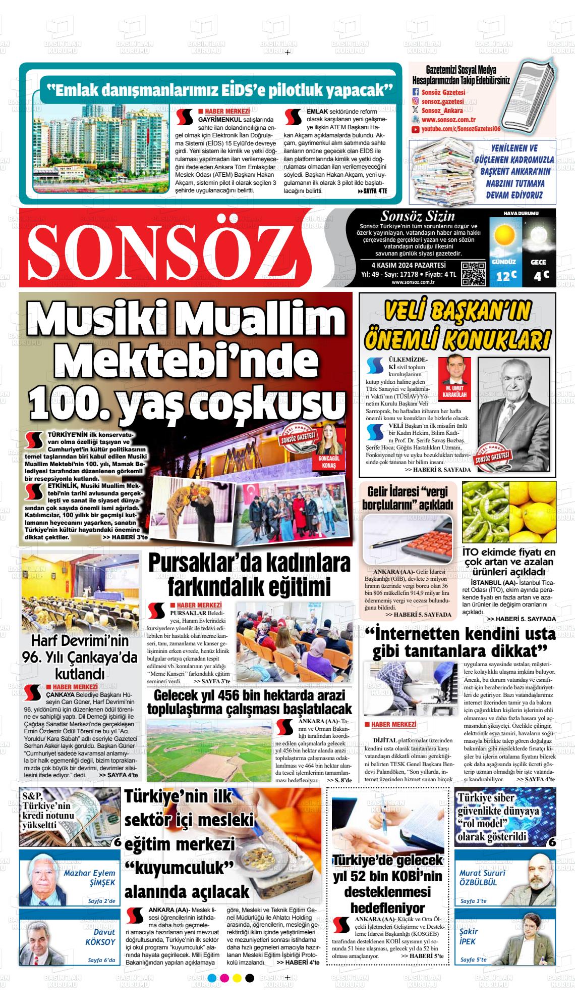 04 Kasım 2024 Ankara Sonsöz Gazete Manşeti