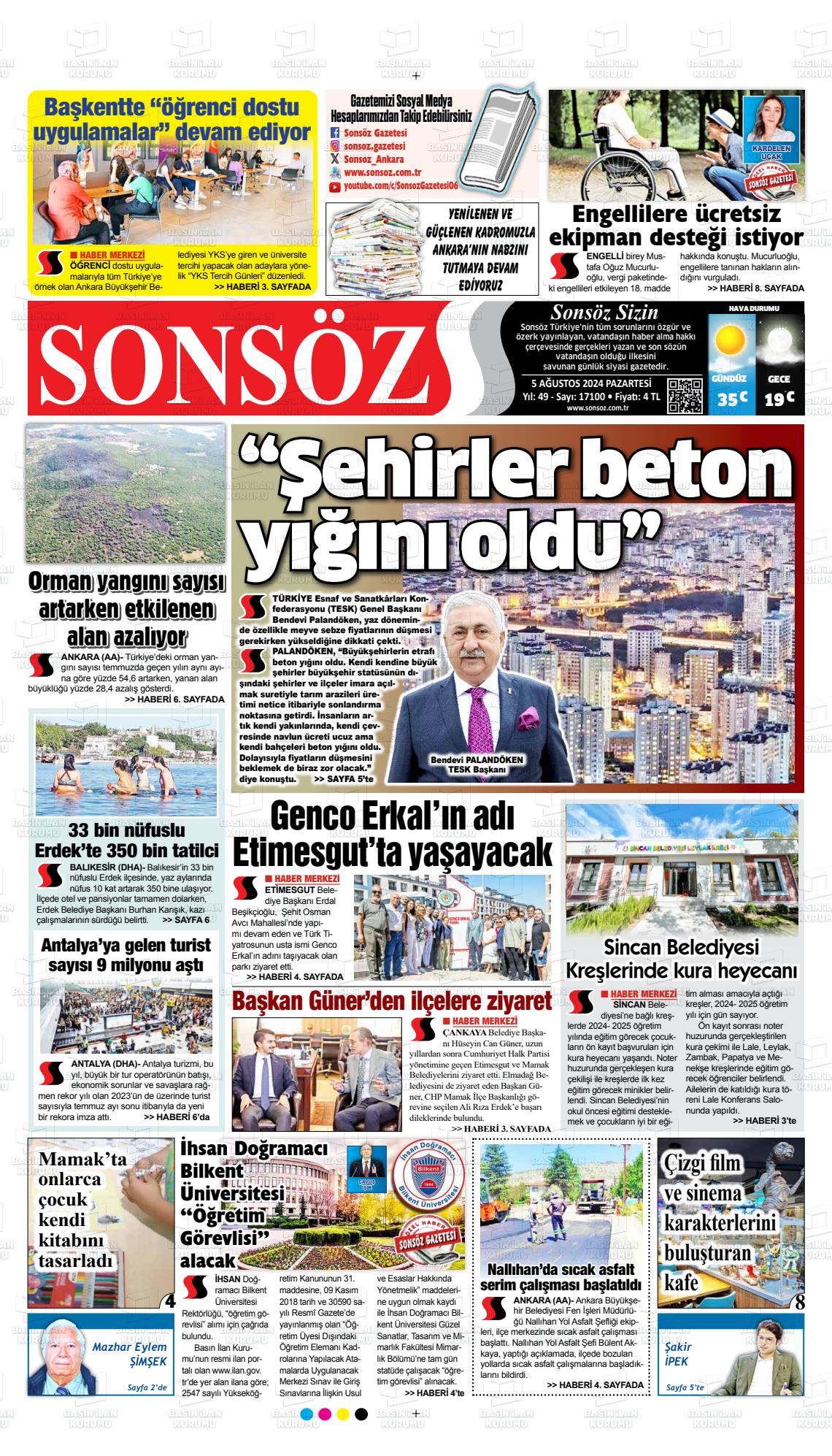 05 Ağustos 2024 Ankara Sonsöz Gazete Manşeti