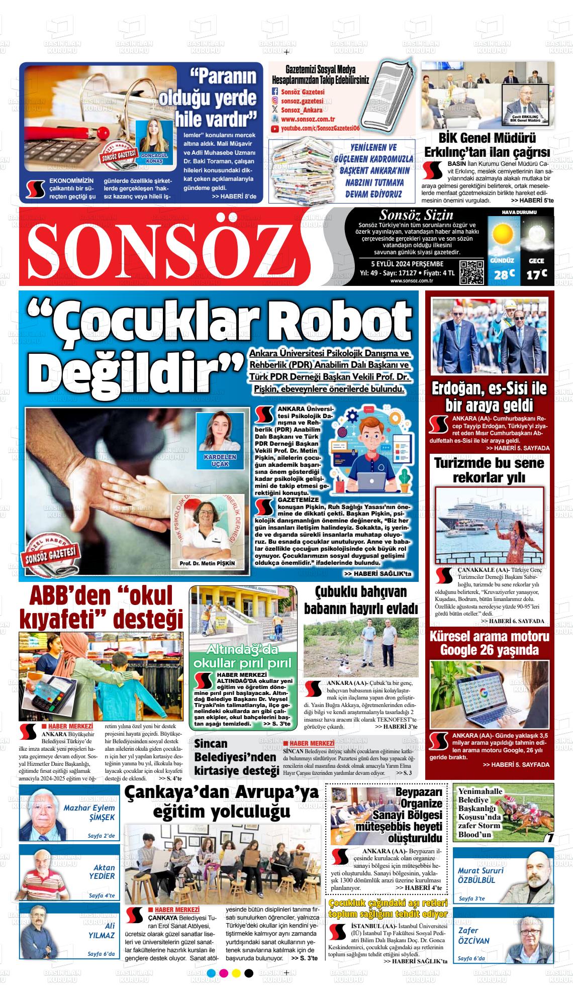 05 Eylül 2024 Ankara Sonsöz Gazete Manşeti