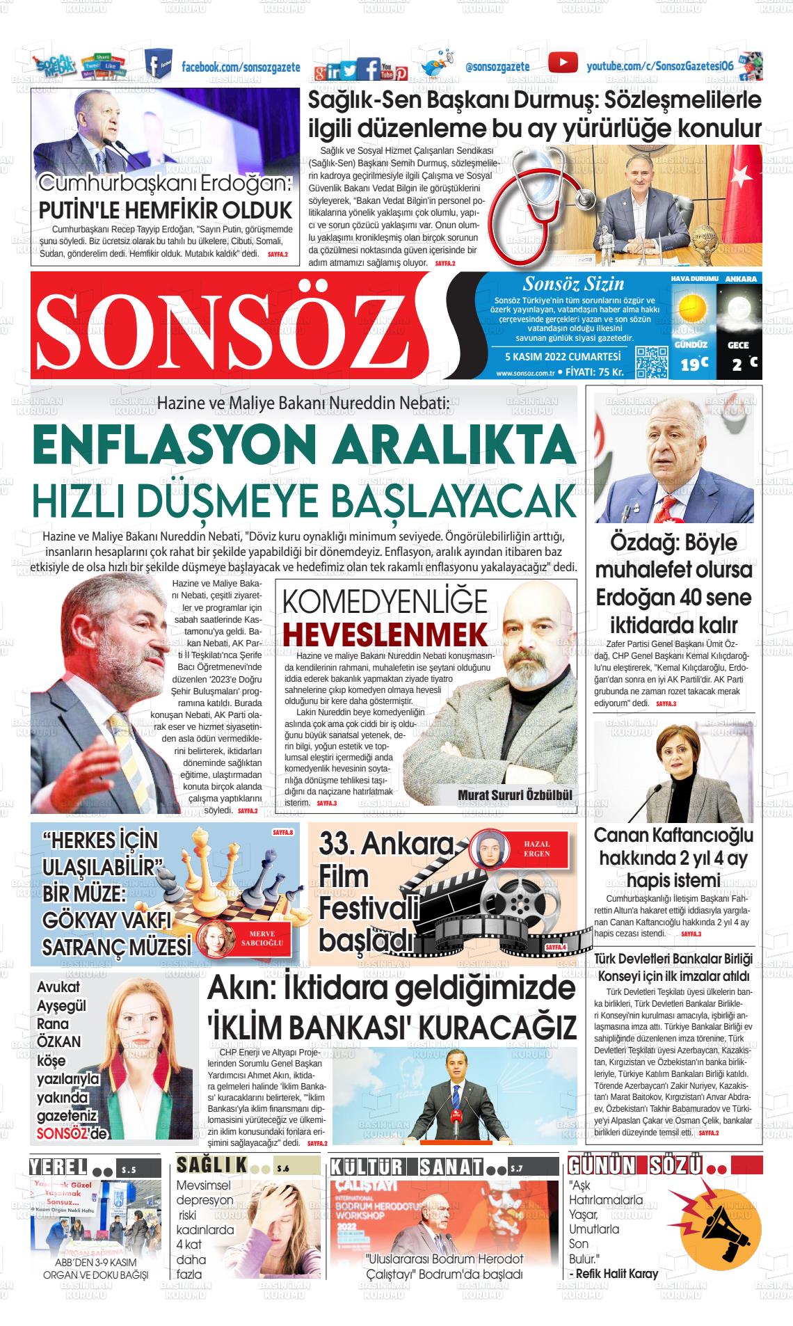 05 Kasım 2022 Ankara Sonsöz Gazete Manşeti