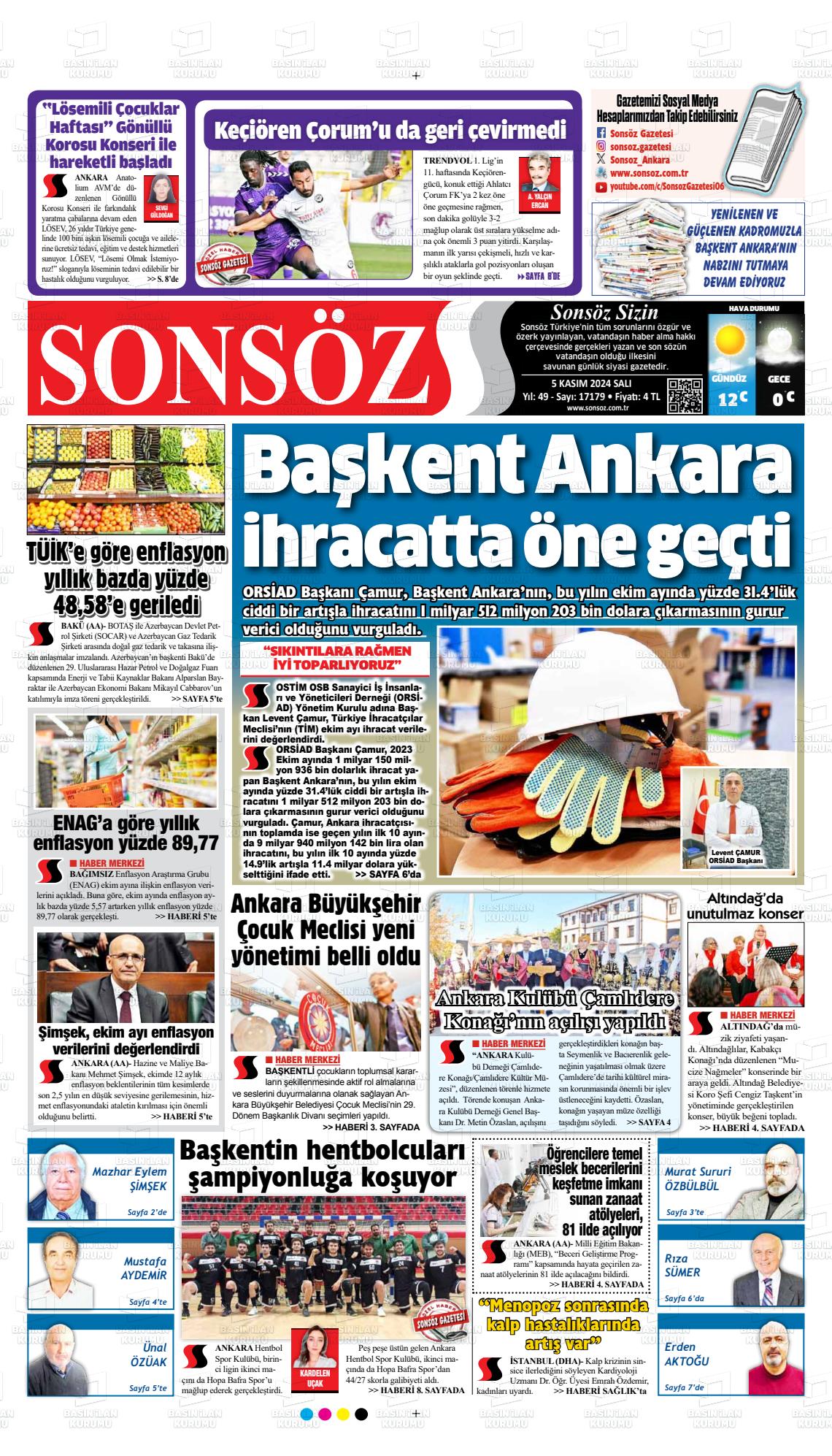 05 Kasım 2024 Ankara Sonsöz Gazete Manşeti