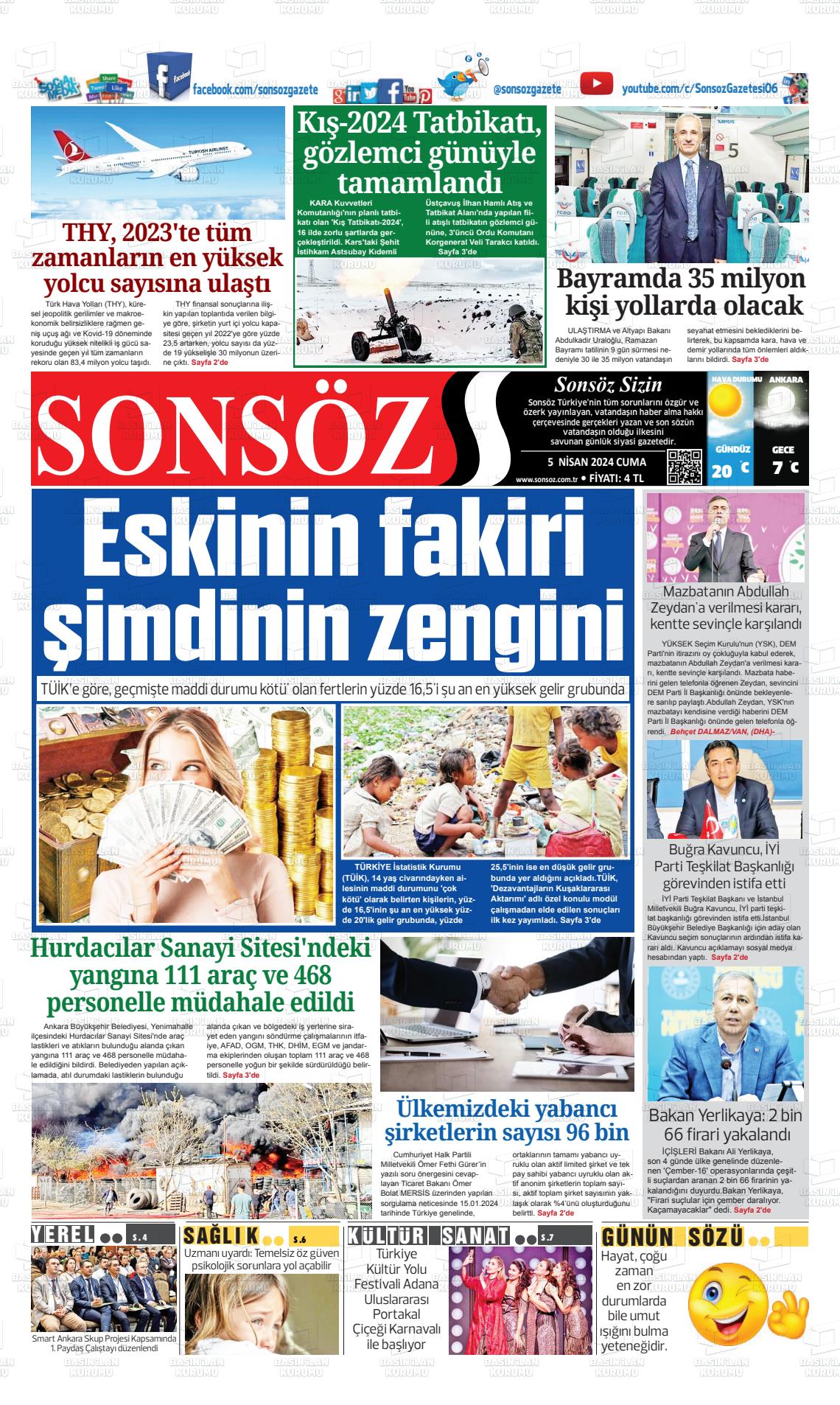 05 Nisan 2024 Ankara Sonsöz Gazete Manşeti