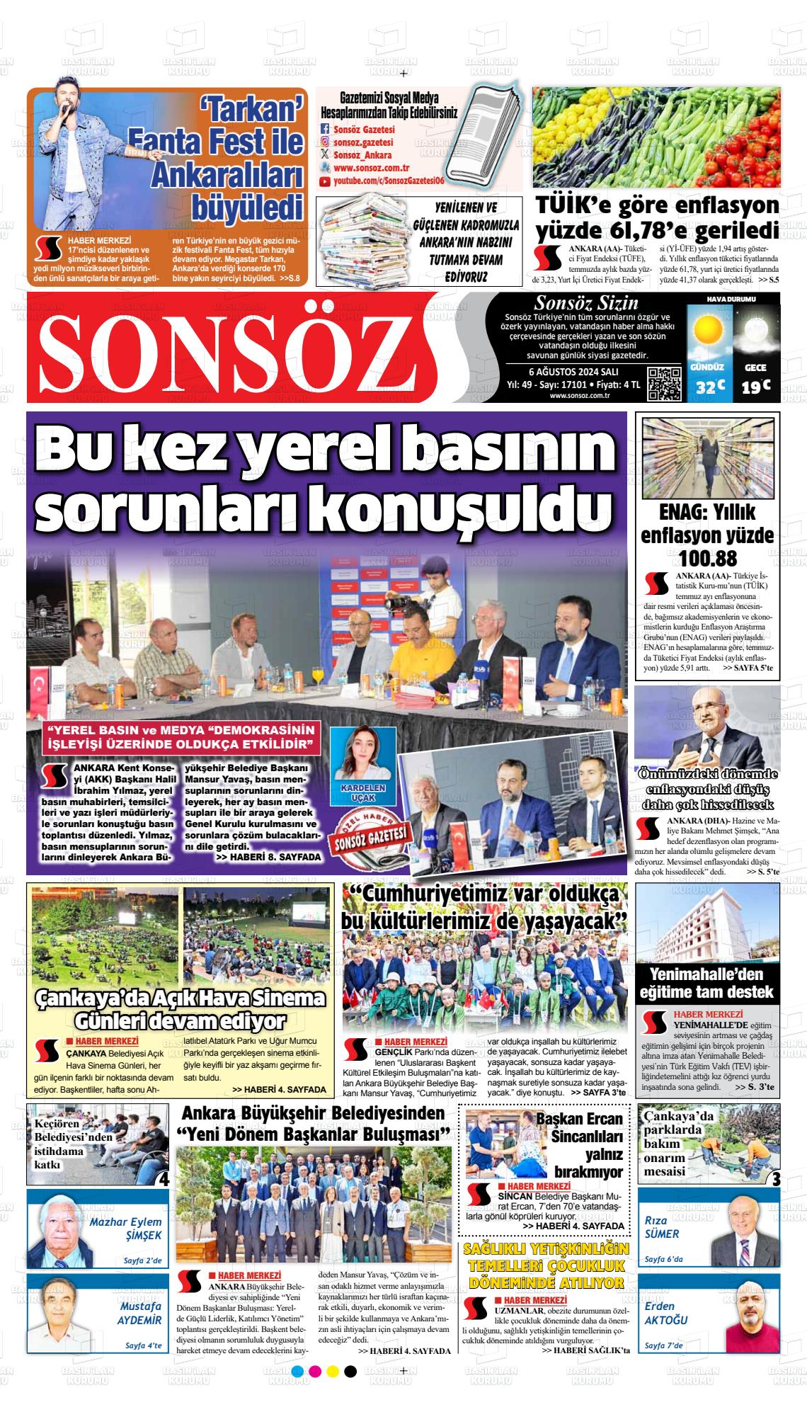 06 Ağustos 2024 Ankara Sonsöz Gazete Manşeti