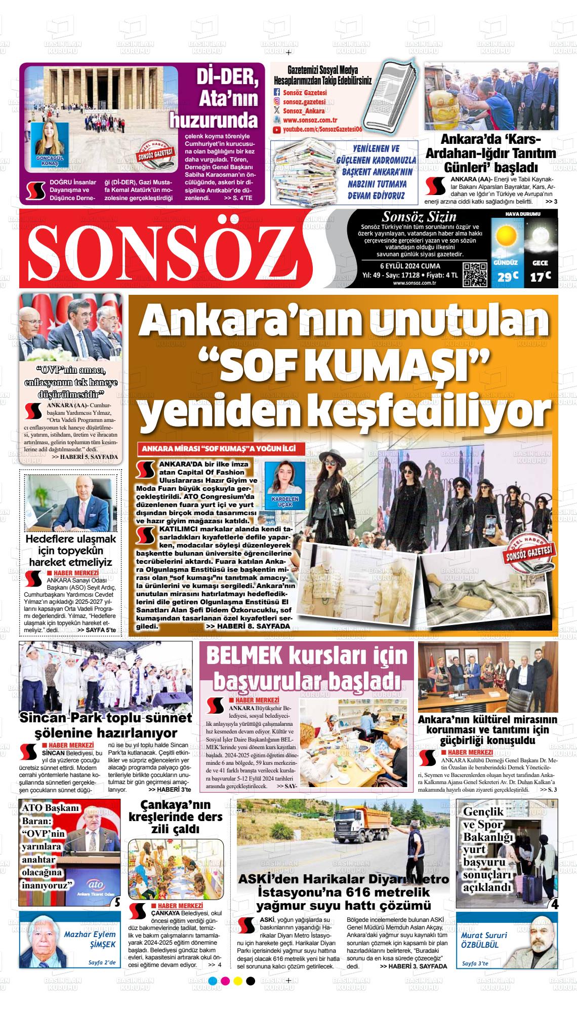 06 Eylül 2024 Ankara Sonsöz Gazete Manşeti