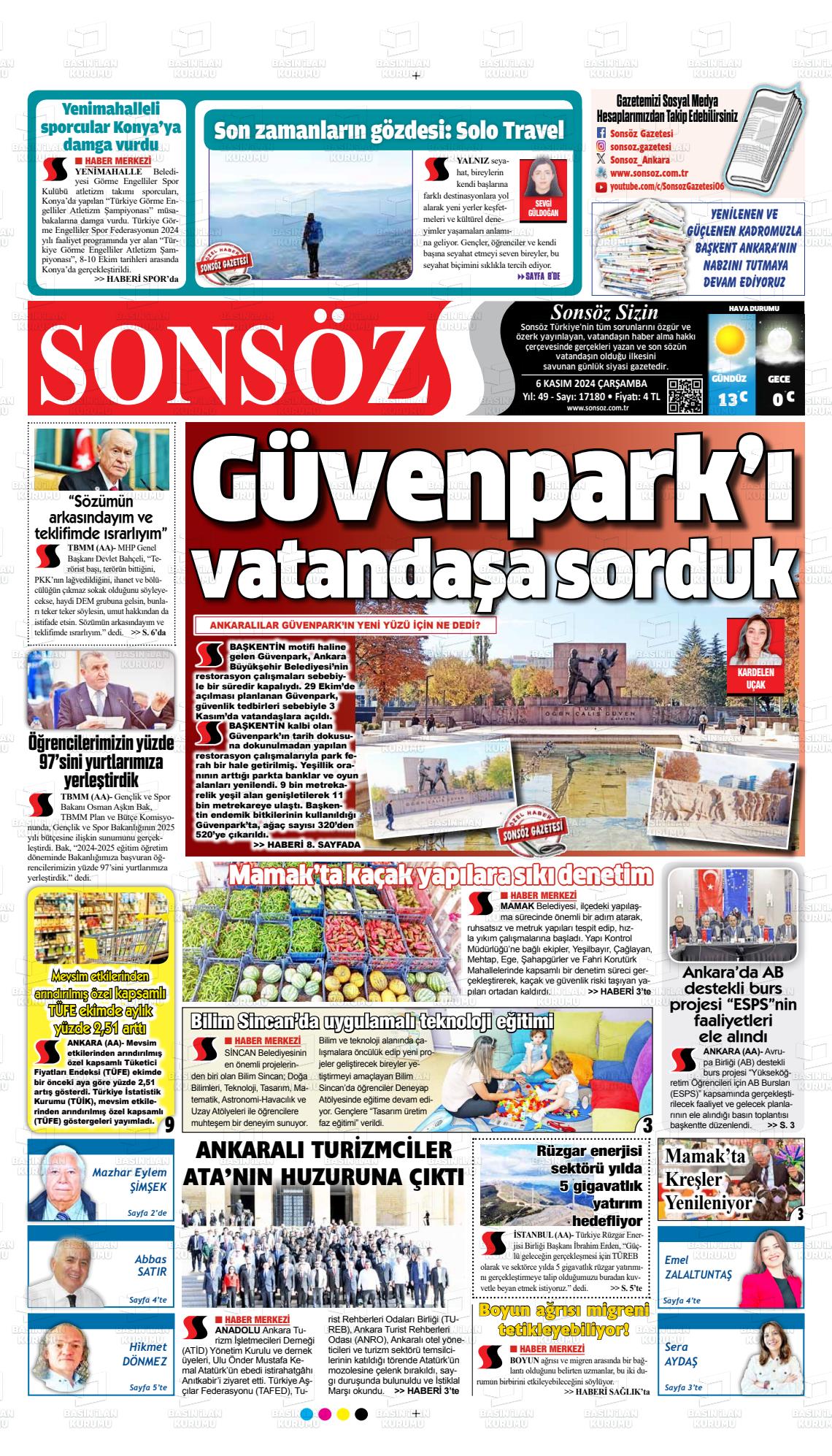 06 Kasım 2024 Ankara Sonsöz Gazete Manşeti