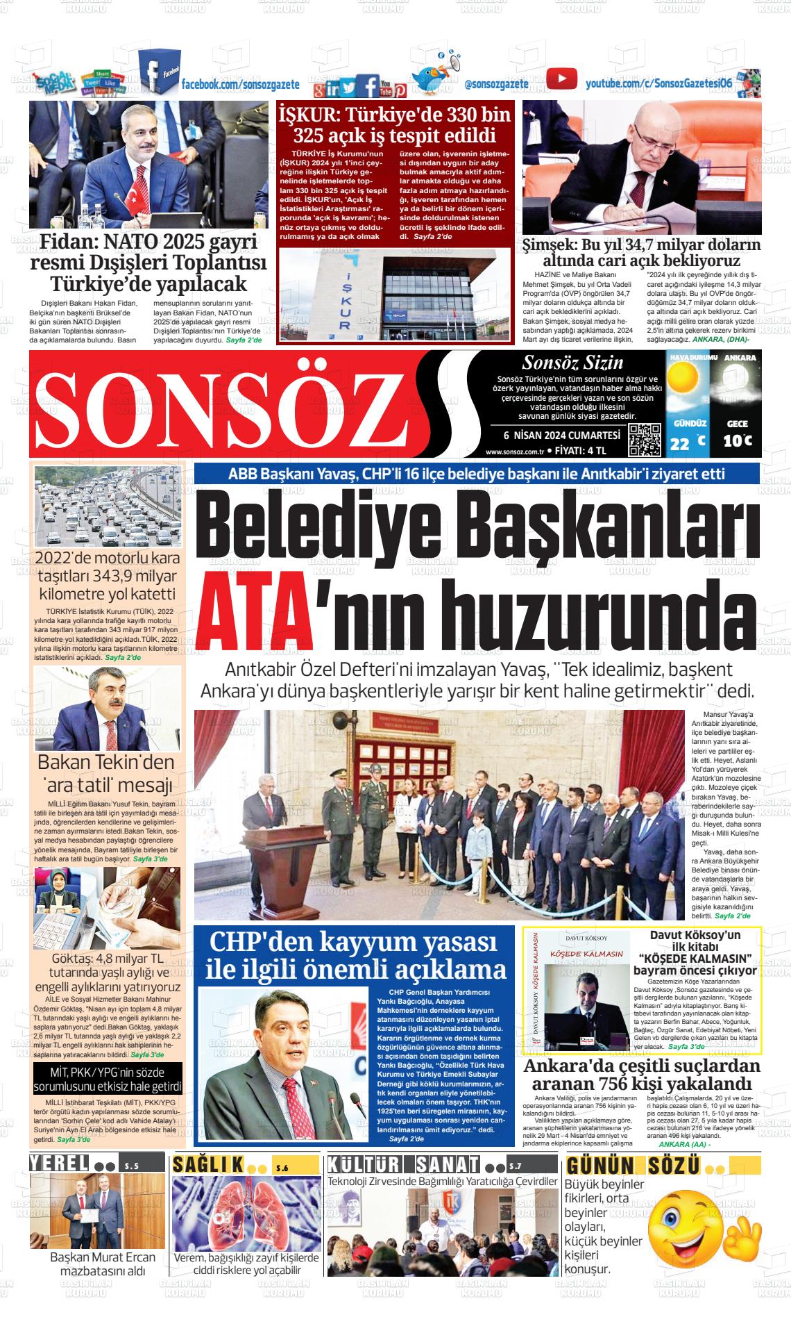 06 Nisan 2024 Ankara Sonsöz Gazete Manşeti