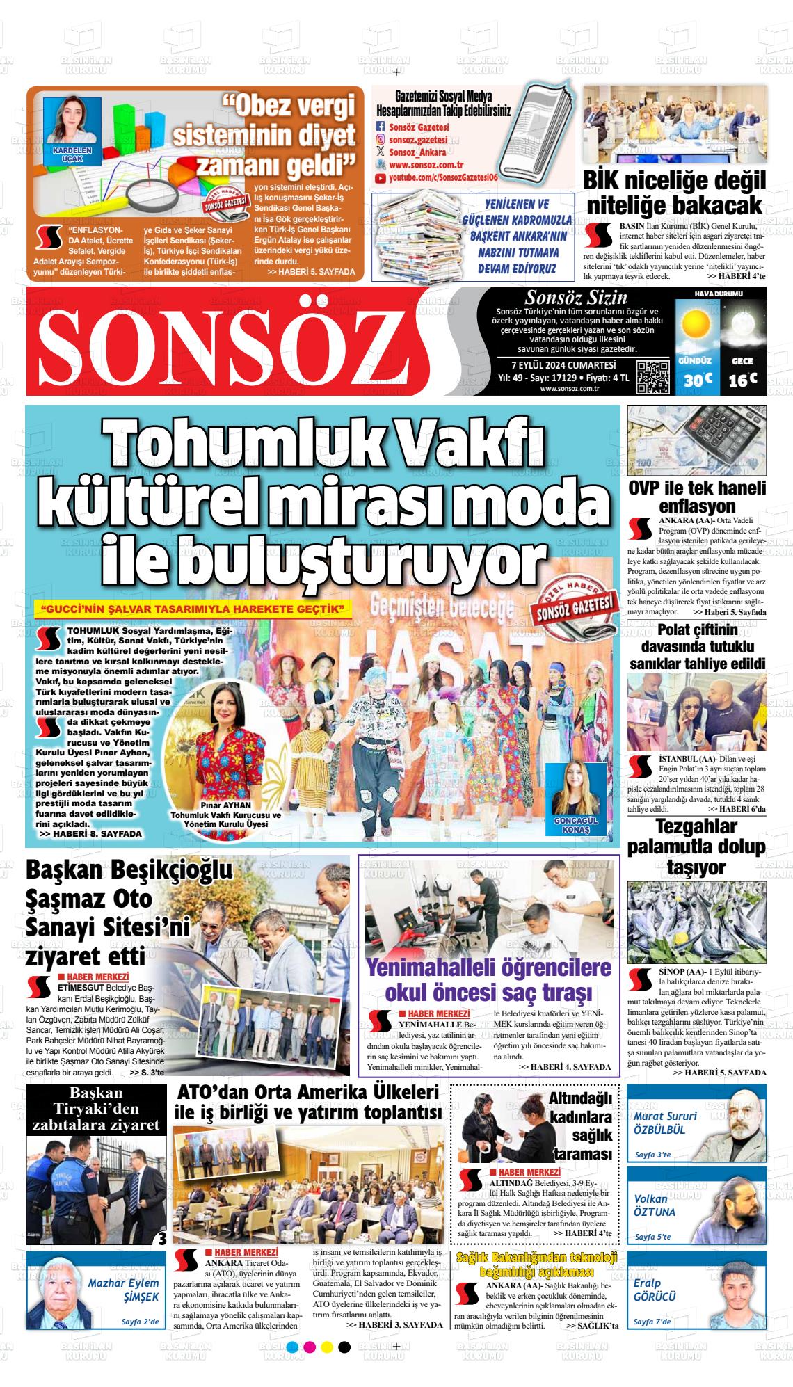 07 Eylül 2024 Ankara Sonsöz Gazete Manşeti