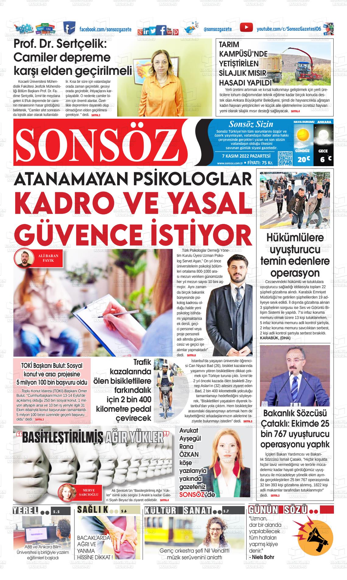 07 Kasım 2022 Ankara Sonsöz Gazete Manşeti