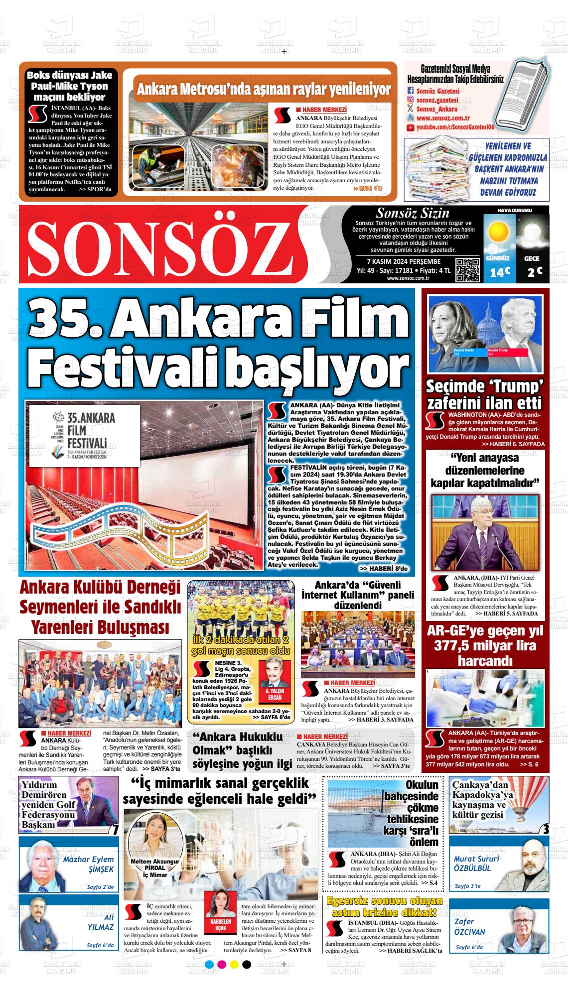 07 Kasım 2024 Ankara Sonsöz Gazete Manşeti