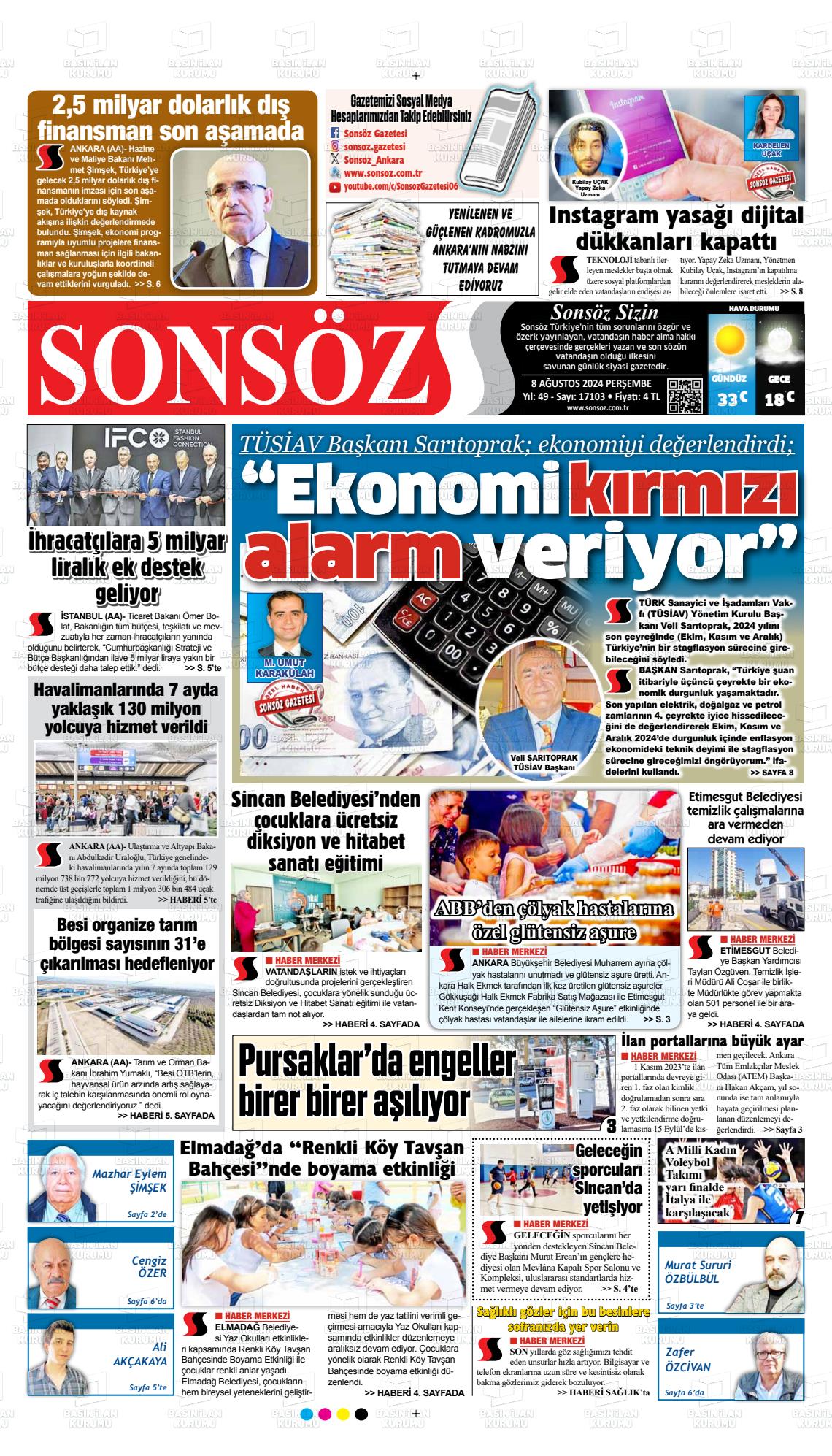 08 Ağustos 2024 Ankara Sonsöz Gazete Manşeti