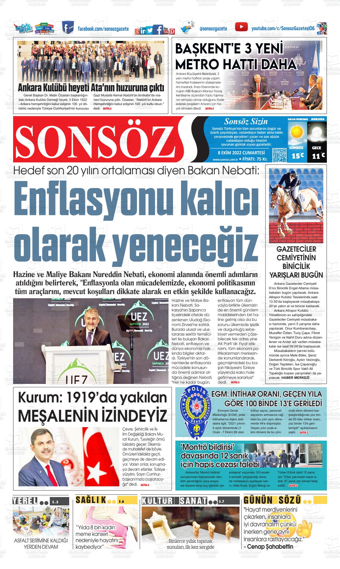 08 Ekim 2022 Ankara Sonsöz Gazete Manşeti